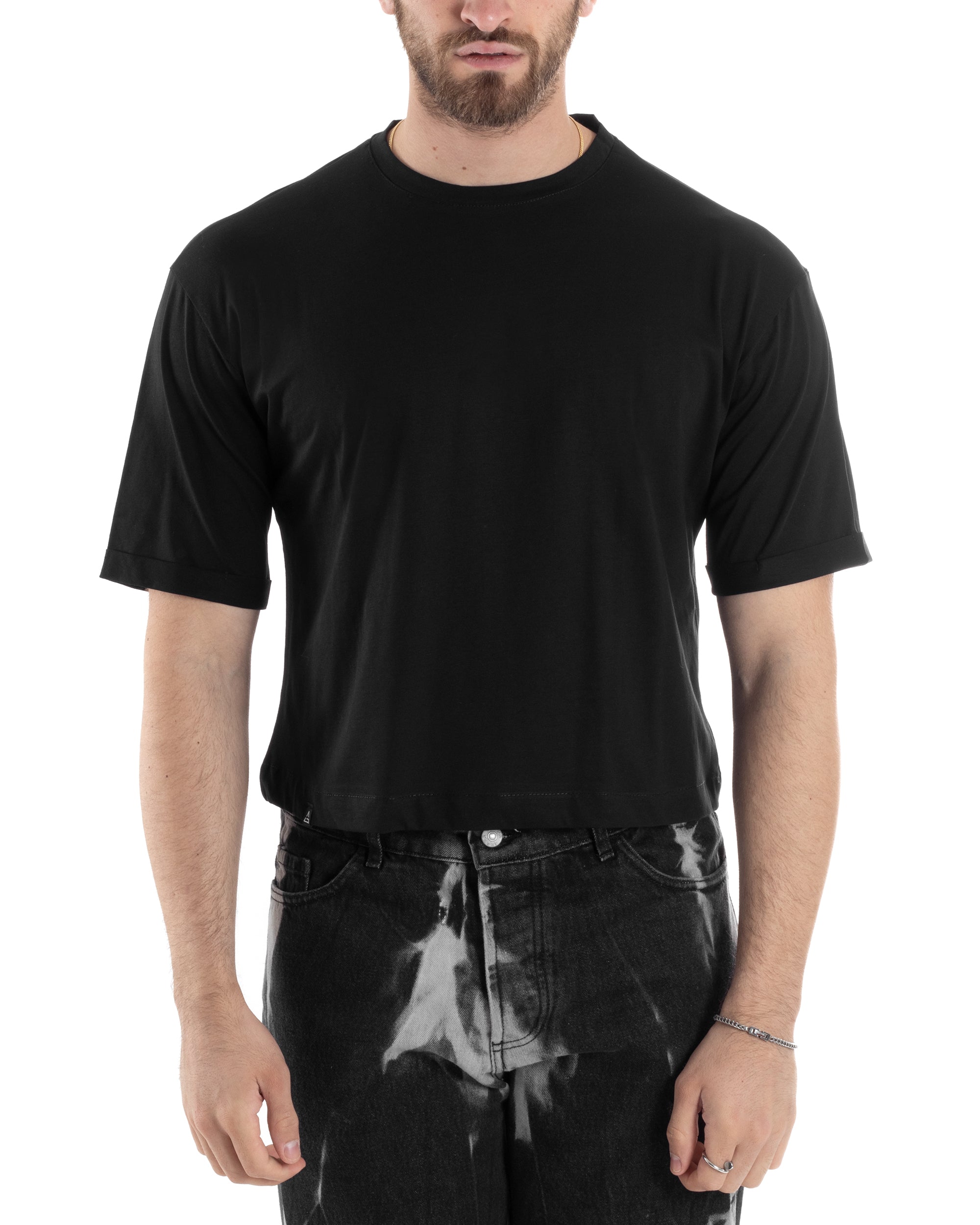 T-shirt Uomo Cropped Corta Boxy Fit Tinta Unita Nero Casual GIOSAL-TS3010A