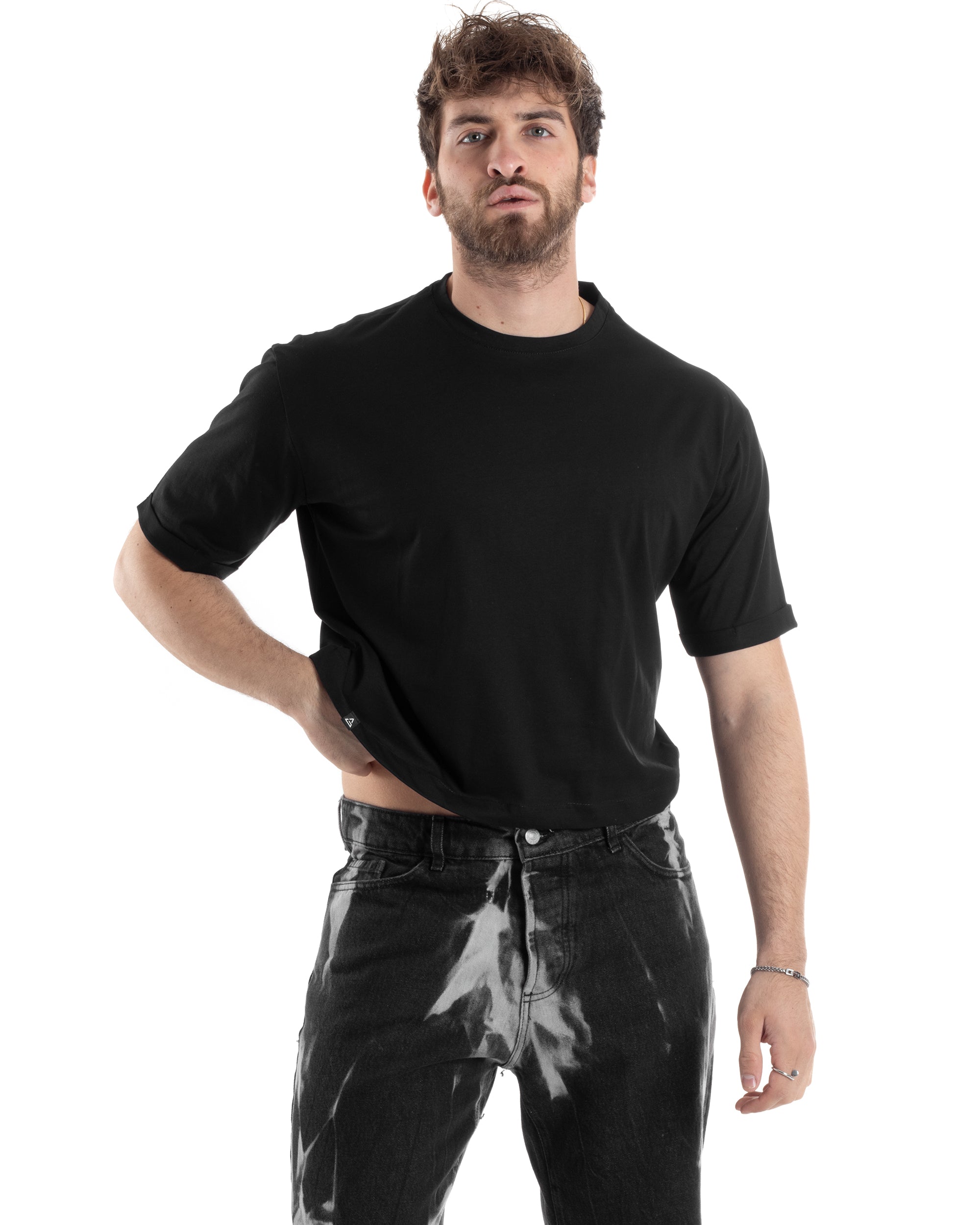 T-shirt Uomo Cropped Corta Boxy Fit Tinta Unita Nero Casual GIOSAL-TS3010A