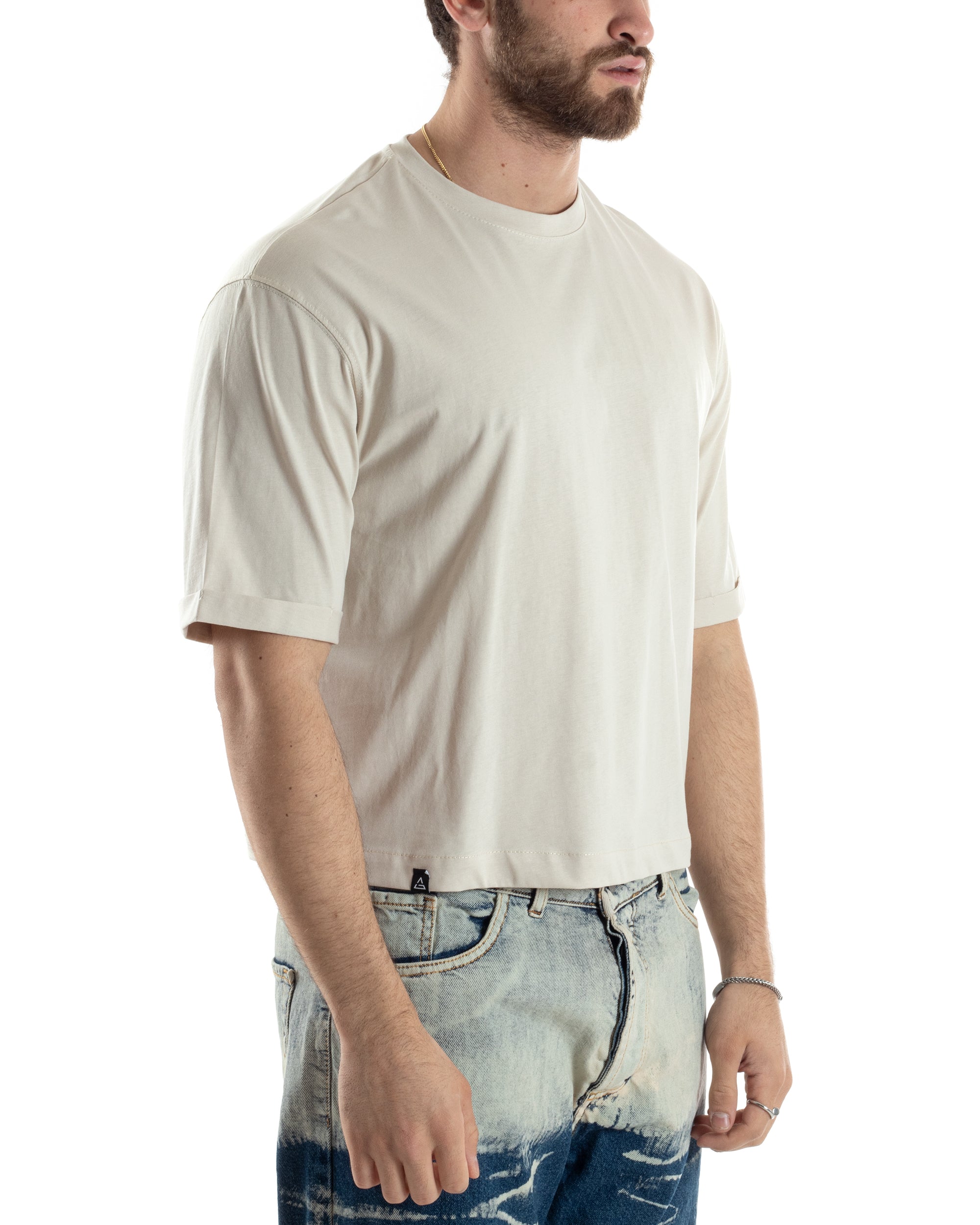 T-shirt Uomo Cropped Corta Boxy Fit Tinta Unita Beige Casual GIOSAL-TS3011A