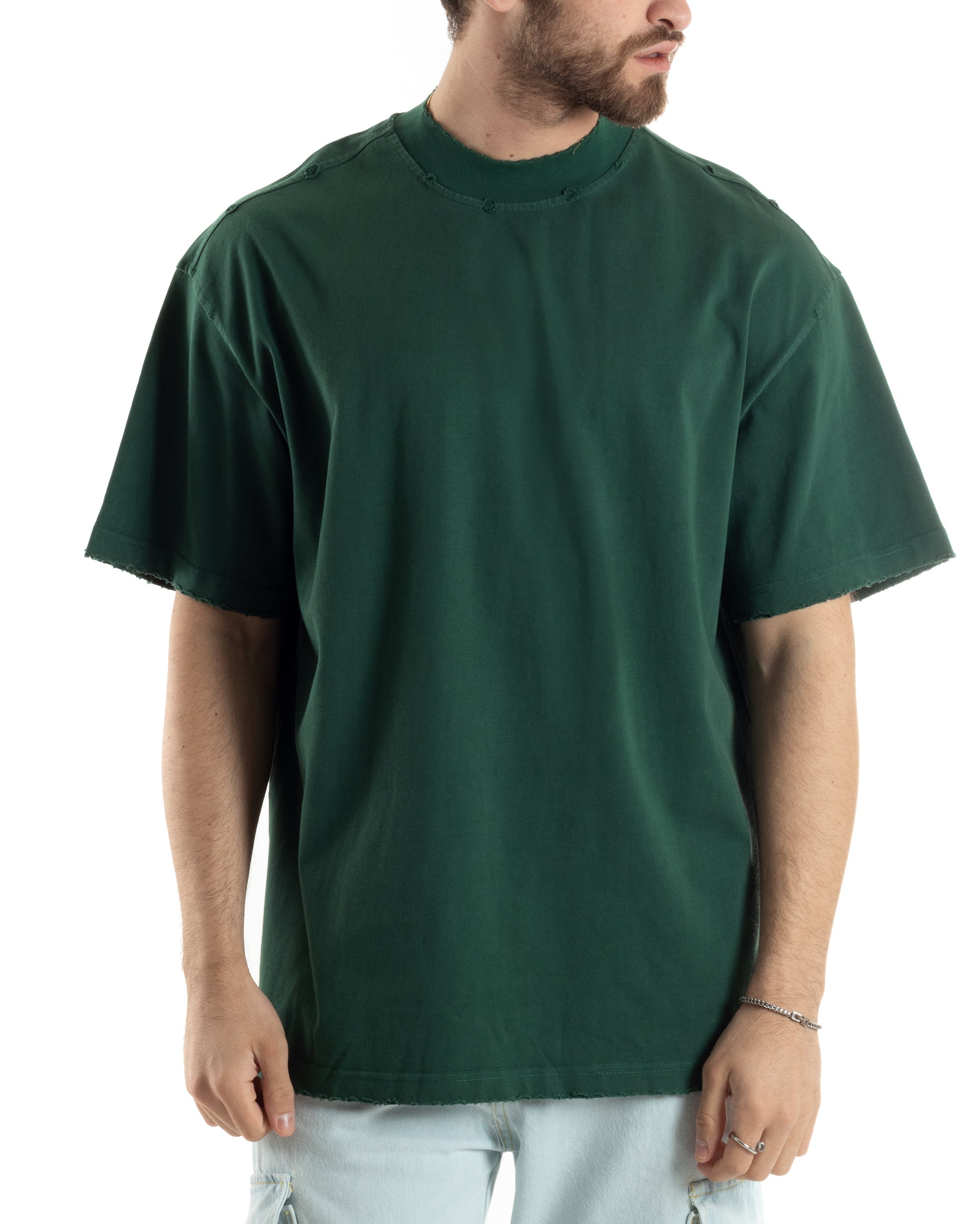 T-shirt Uomo Girocollo Boxy Fit Cotone Basic Con Rotture Relaxed Fit Gola Alta Verde GIOSAL-TS3014A