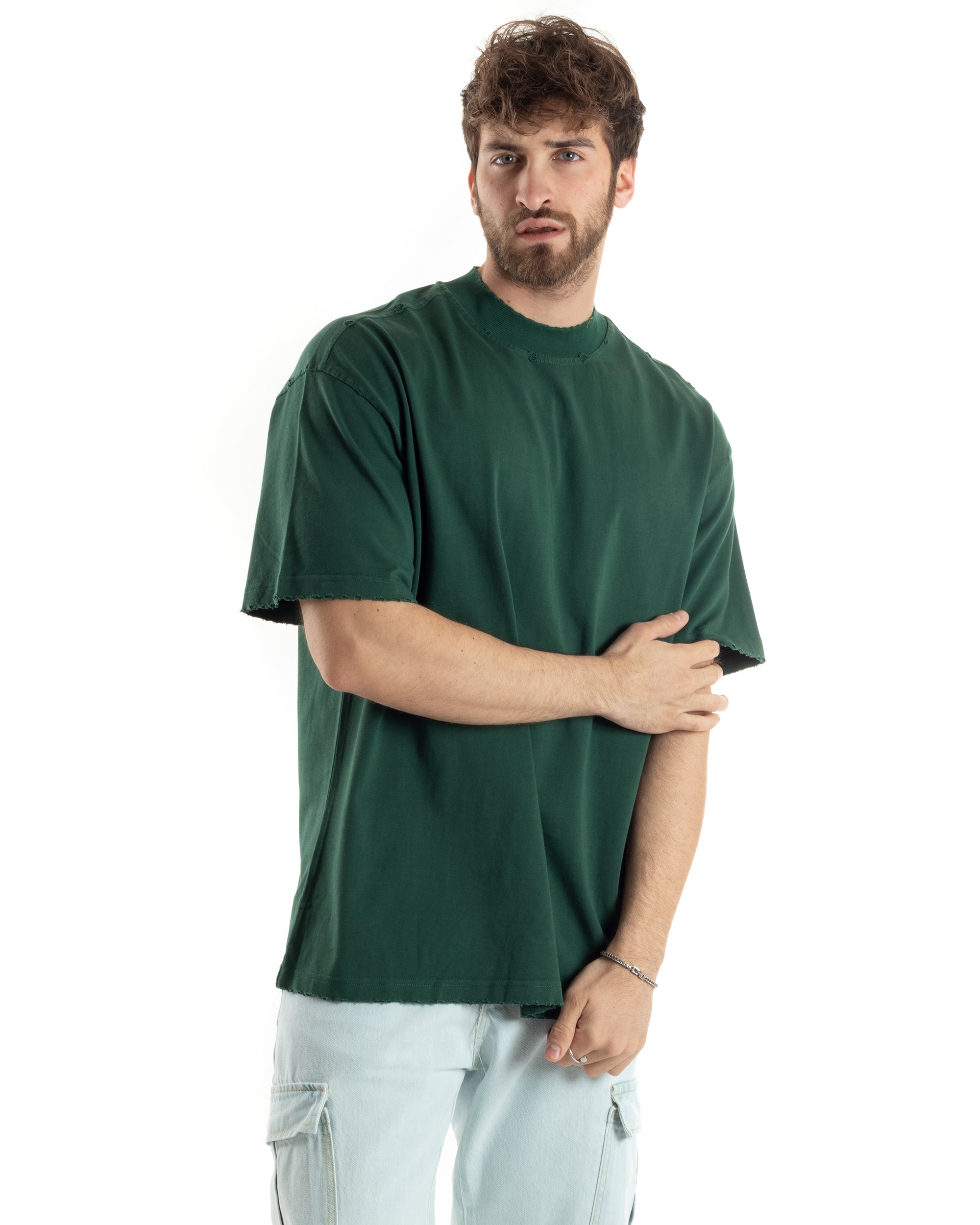 T-shirt Uomo Girocollo Boxy Fit Cotone Basic Con Rotture Relaxed Fit Gola Alta Verde GIOSAL-TS3014A