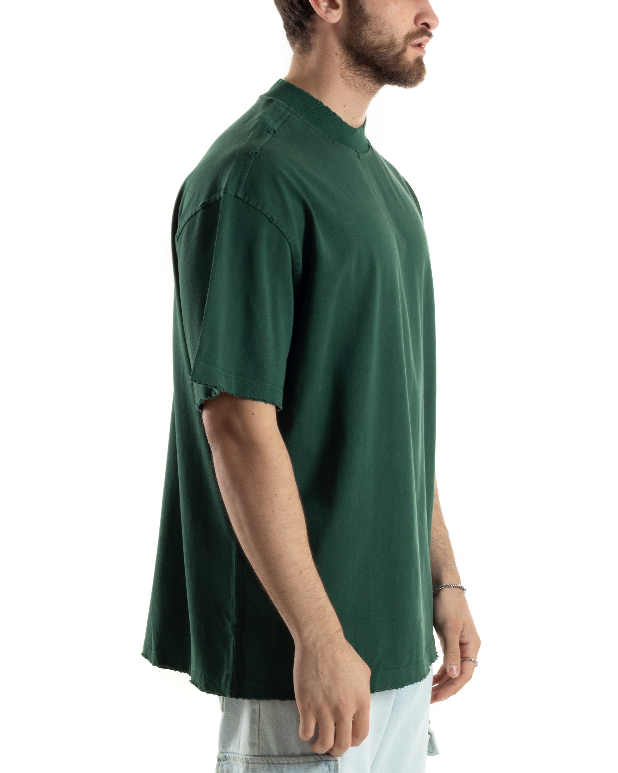 T-shirt Uomo Girocollo Boxy Fit Cotone Basic Con Rotture Relaxed Fit Gola Alta Verde GIOSAL-TS3014A