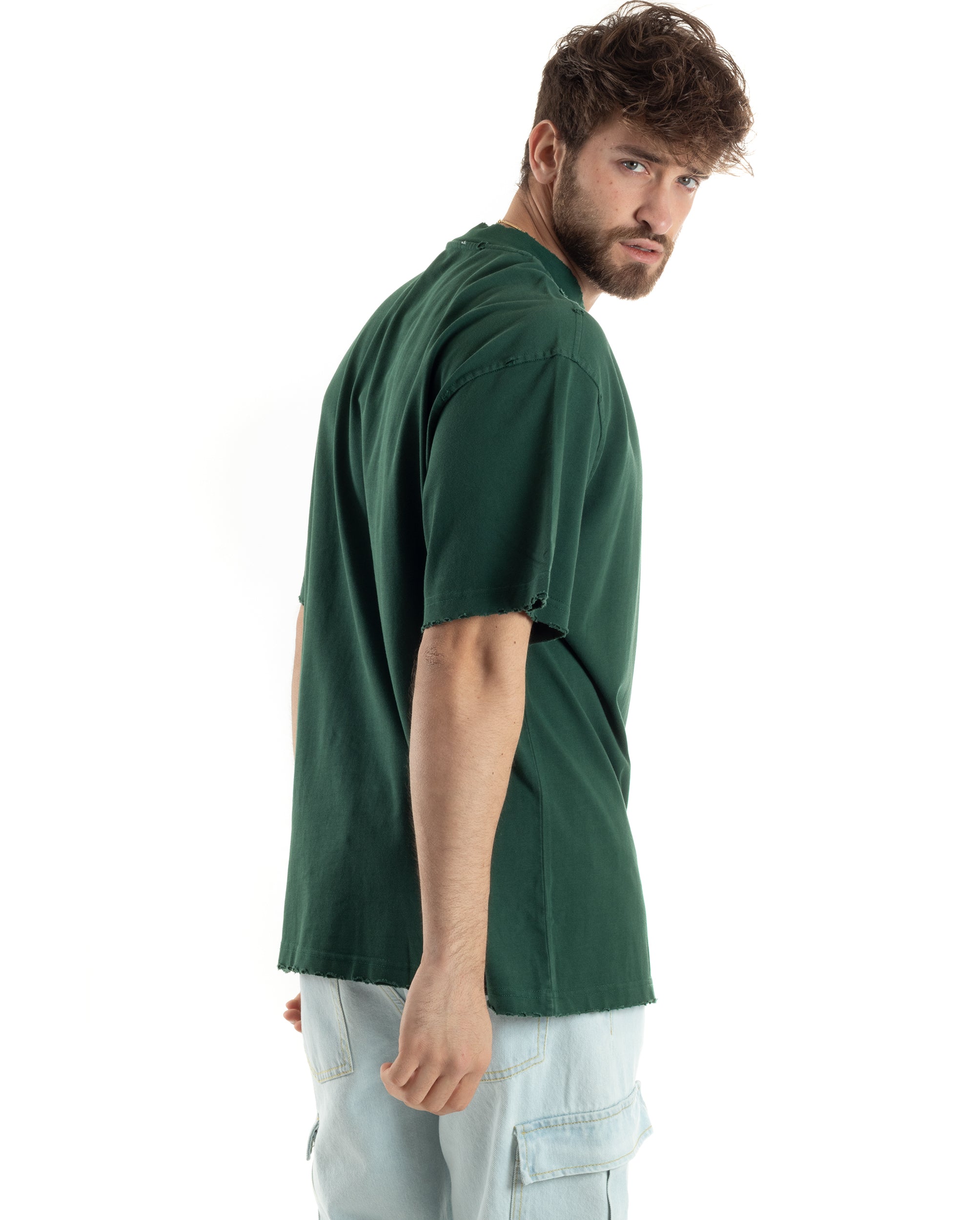 T-shirt Uomo Girocollo Boxy Fit Cotone Basic Con Rotture Relaxed Fit Gola Alta Verde GIOSAL-TS3014A