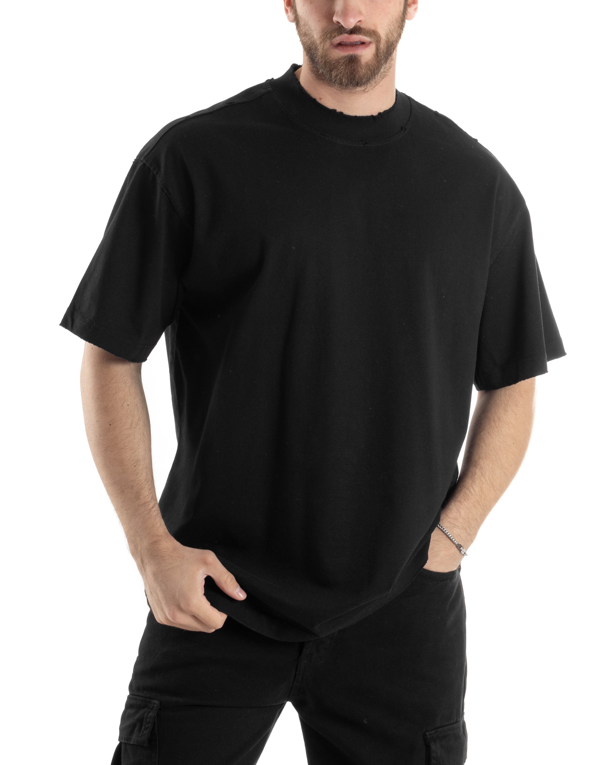 T-shirt Uomo Girocollo Boxy Fit Cotone Basic Con Rotture Relaxed Fit Gola Alta Nero GIOSAL-TS3016A