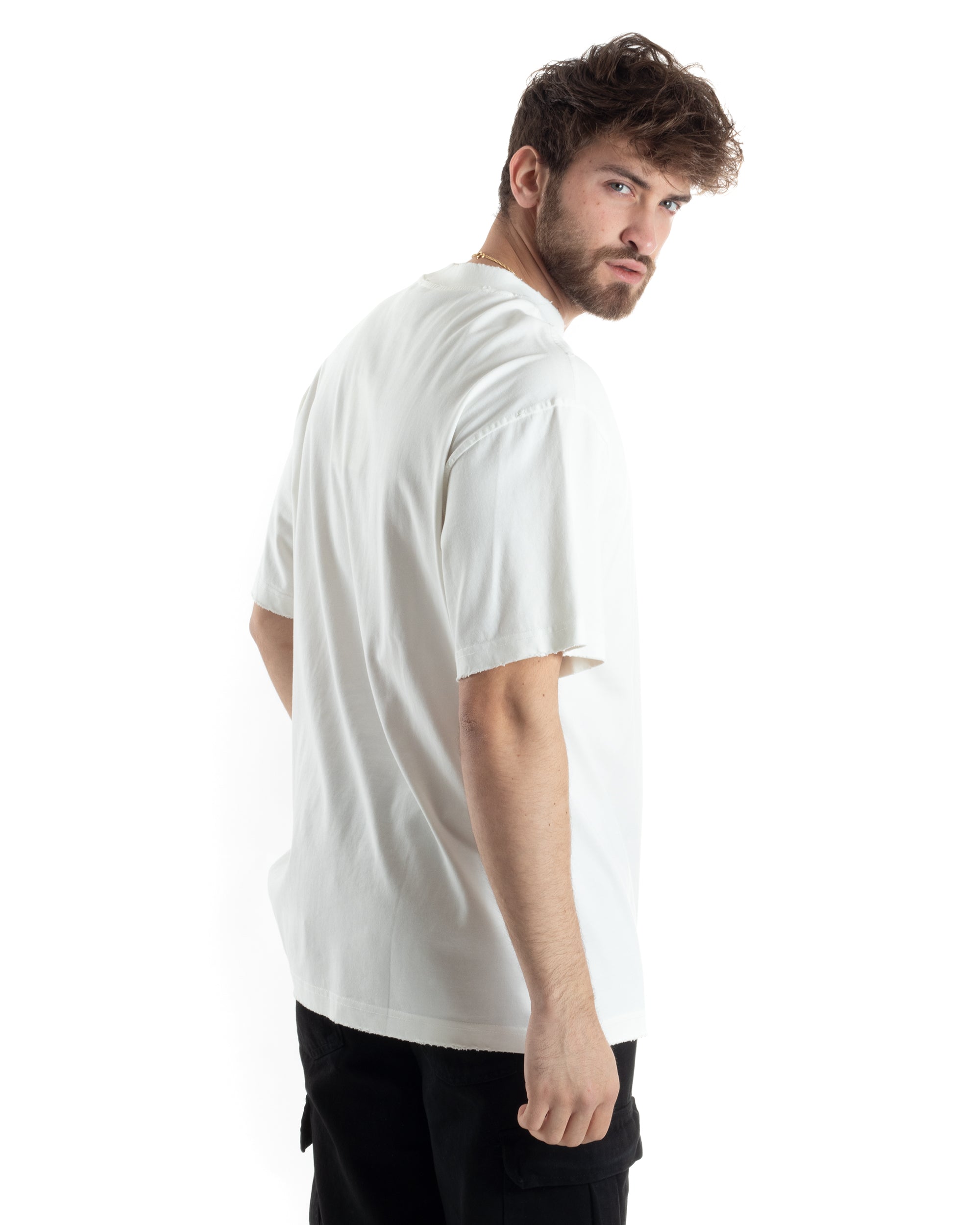 T-shirt Uomo Girocollo Boxy Fit Cotone Basic Con Rotture Relaxed Fit Gola Alta Bianco GIOSAL-TS3017A