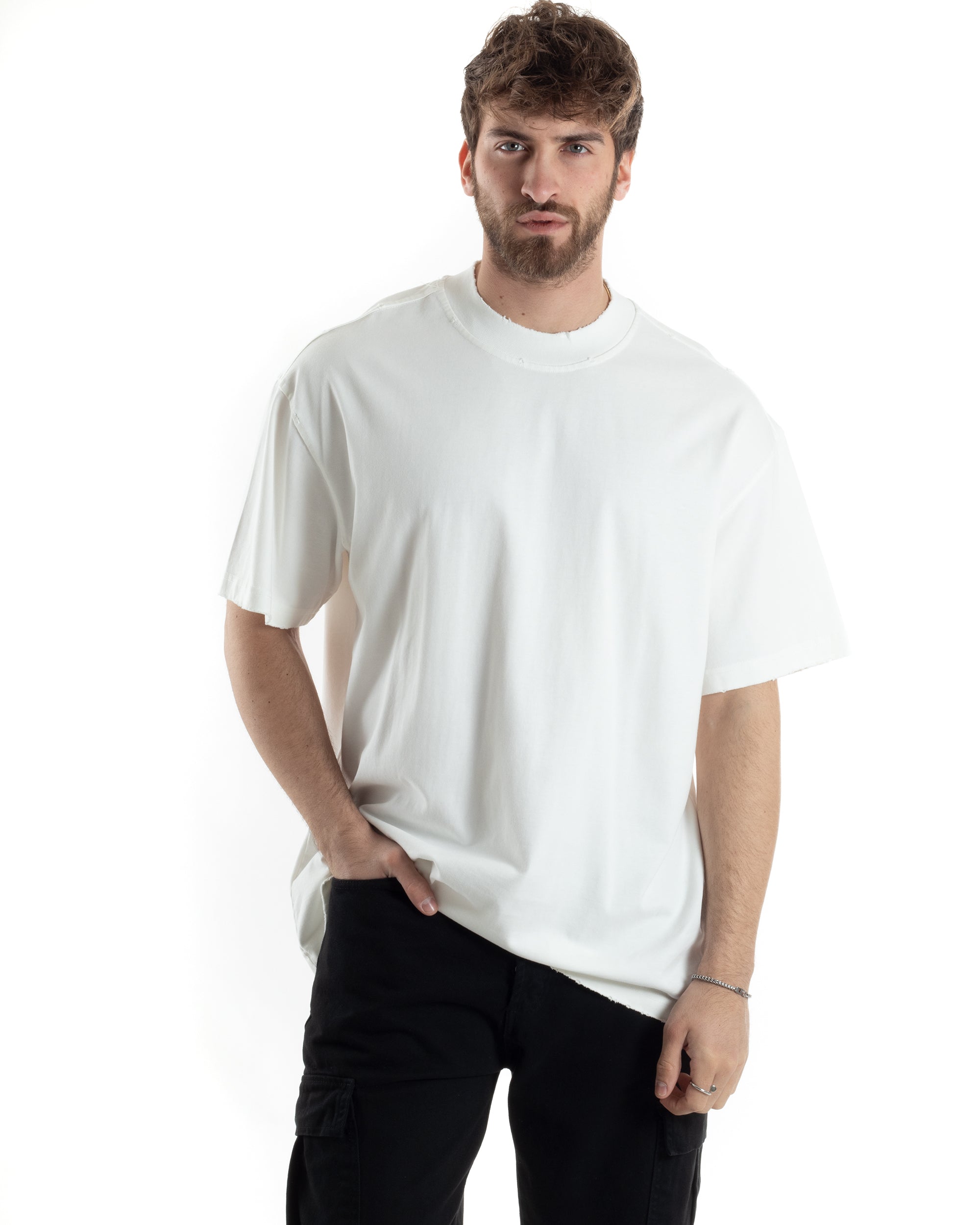 T-shirt Uomo Girocollo Boxy Fit Cotone Basic Con Rotture Relaxed Fit Gola Alta Bianco GIOSAL-TS3017A