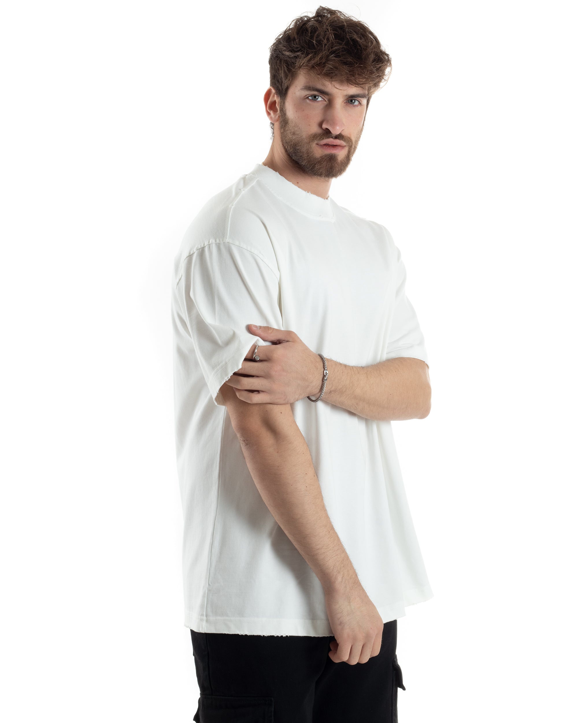 T-shirt Uomo Girocollo Boxy Fit Cotone Basic Con Rotture Relaxed Fit Gola Alta Bianco GIOSAL-TS3017A