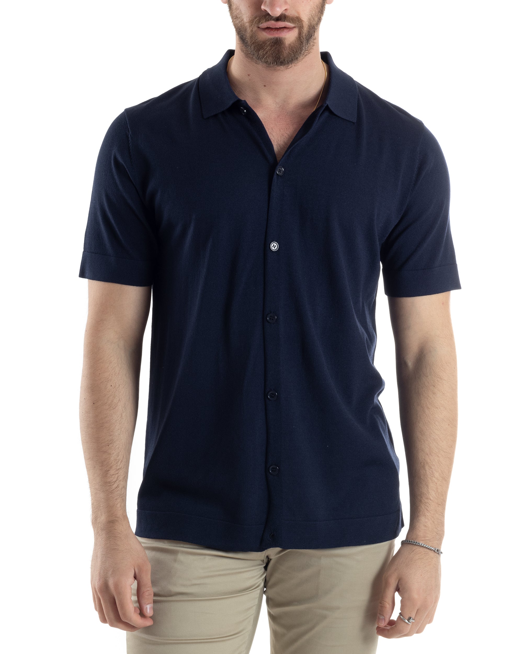 Polo Uomo In Filo Cardigan Bottoni T-Shirt Con Colletto Casual Sottogiacca Blu GIOSAL-TS3018A
