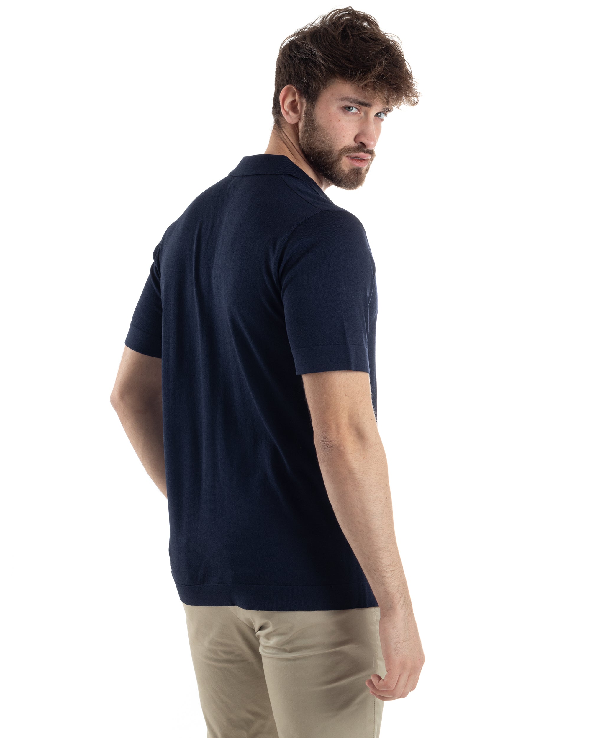 Polo Uomo In Filo Cardigan Bottoni T-Shirt Con Colletto Casual Sottogiacca Blu GIOSAL-TS3018A