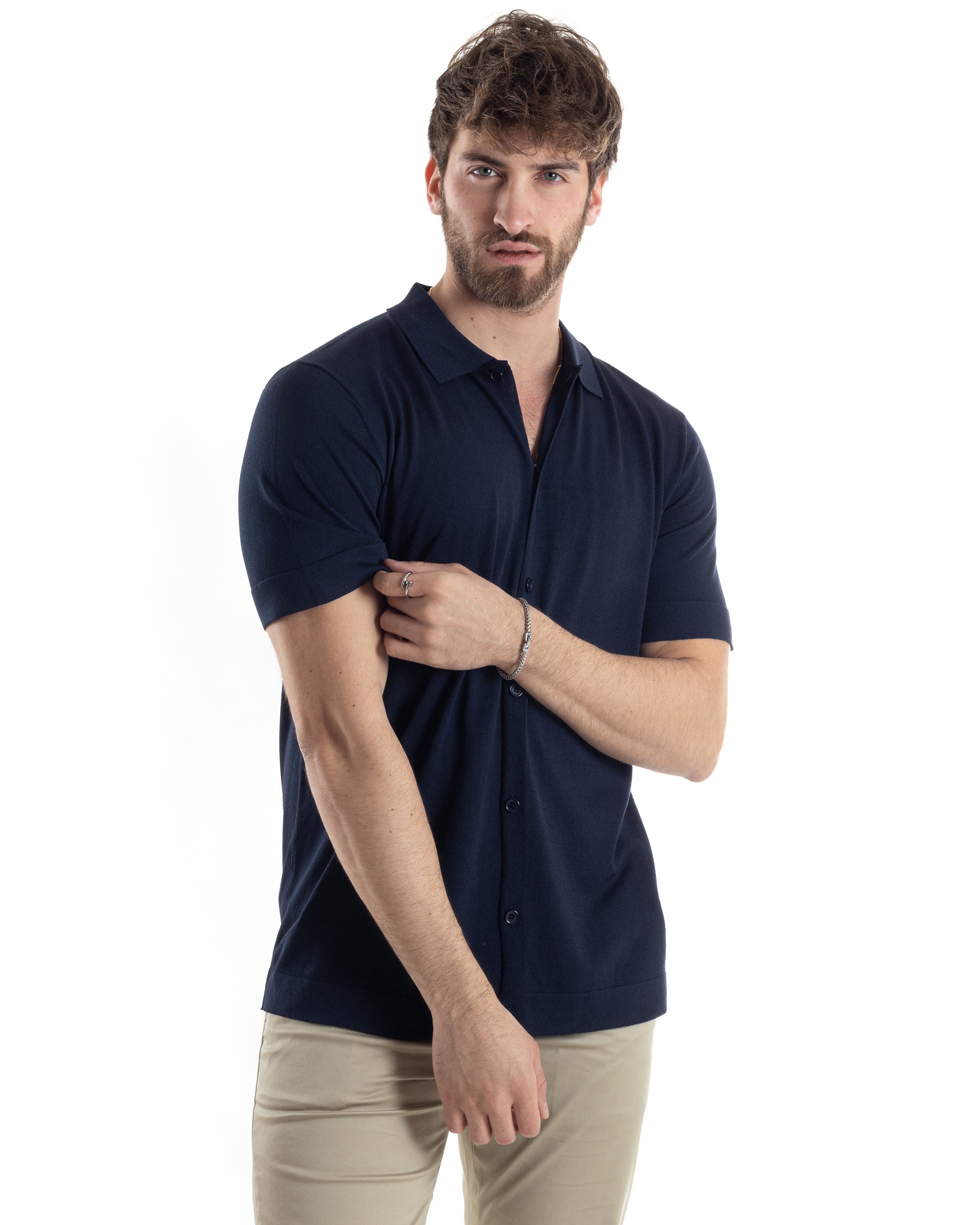 Polo Uomo In Filo Cardigan Bottoni T-Shirt Con Colletto Casual Sottogiacca Blu GIOSAL-TS3018A