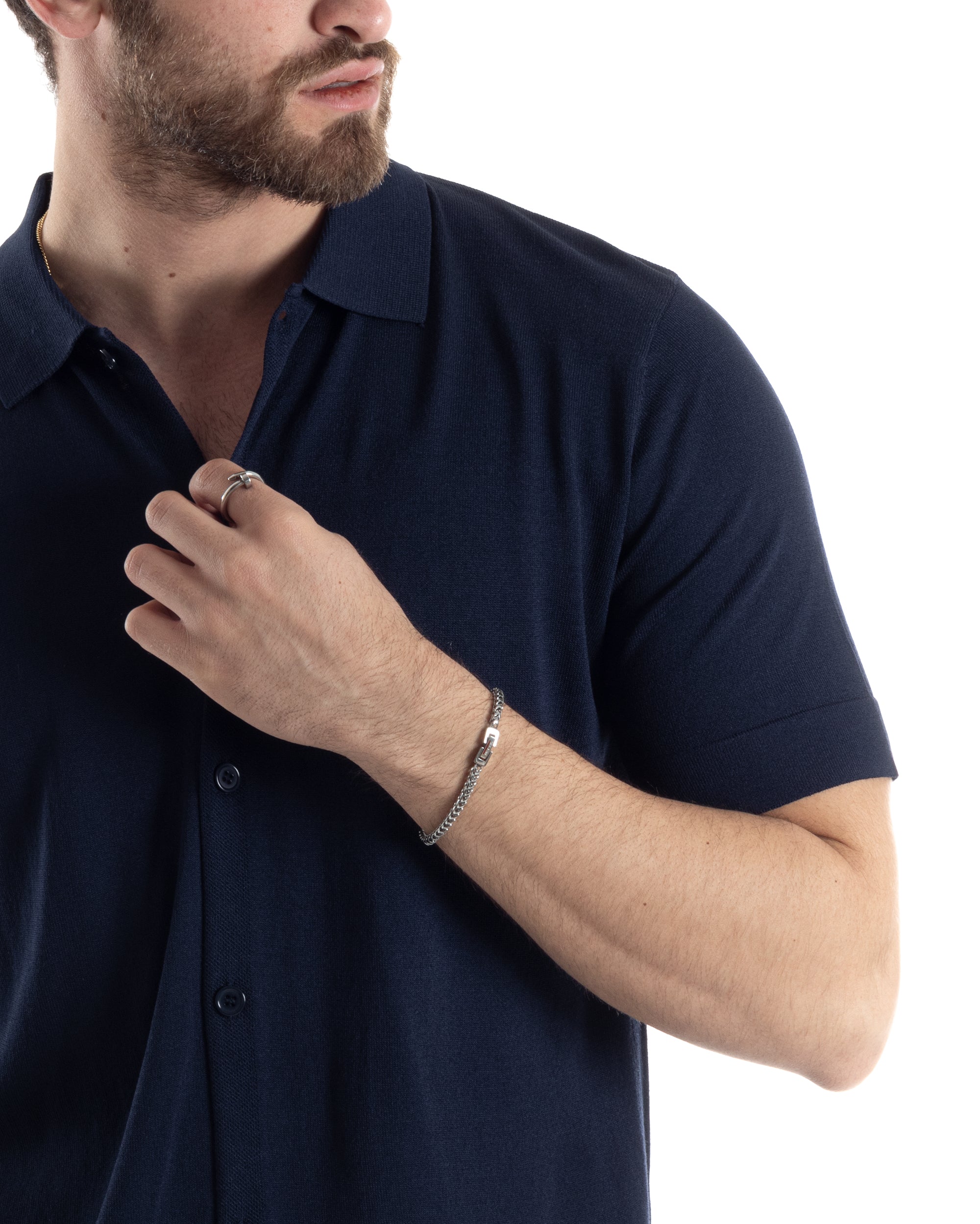 Polo Uomo In Filo Cardigan Bottoni T-Shirt Con Colletto Casual Sottogiacca Blu GIOSAL-TS3018A