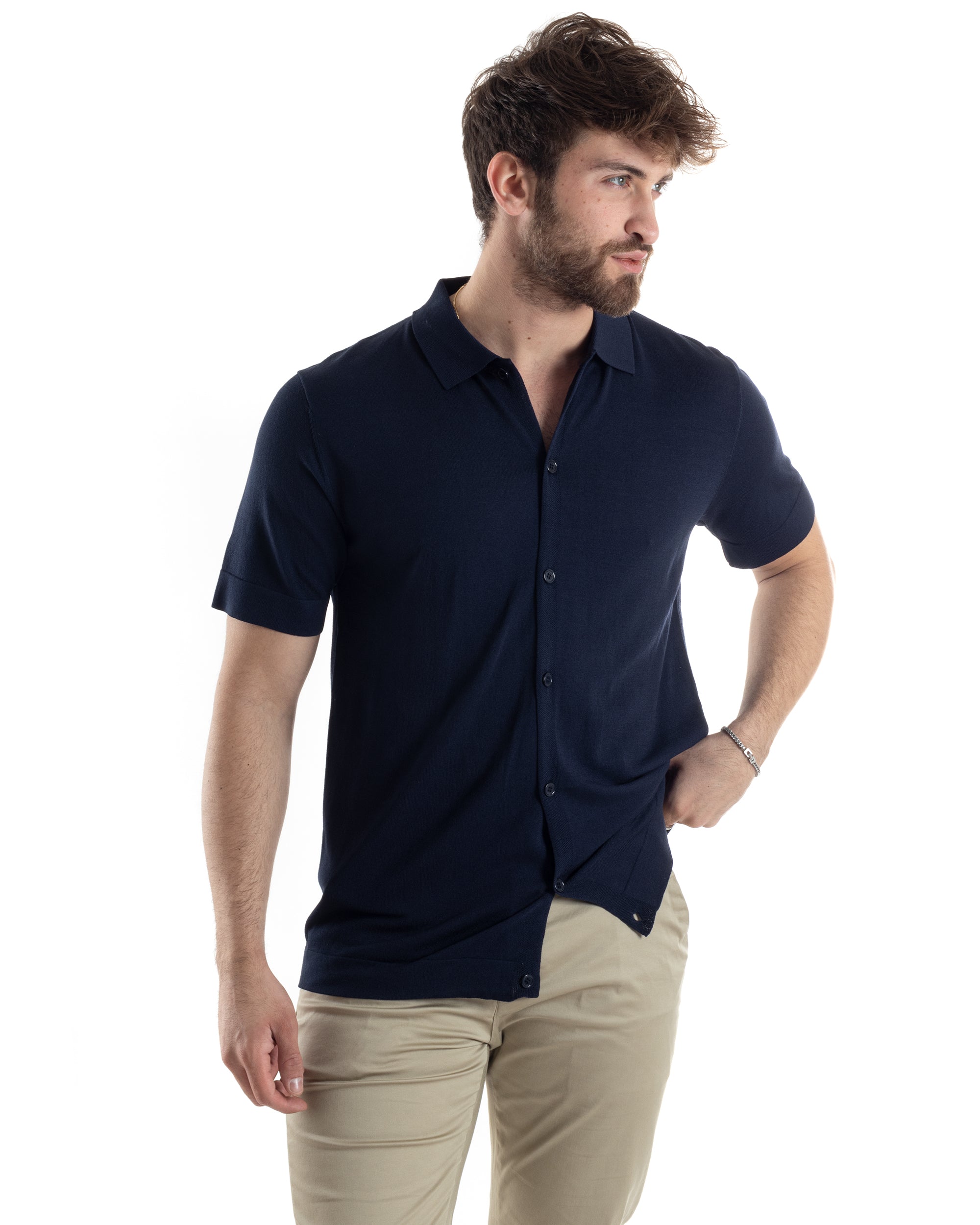 Polo Uomo In Filo Cardigan Bottoni T-Shirt Con Colletto Casual Sottogiacca Blu GIOSAL-TS3018A