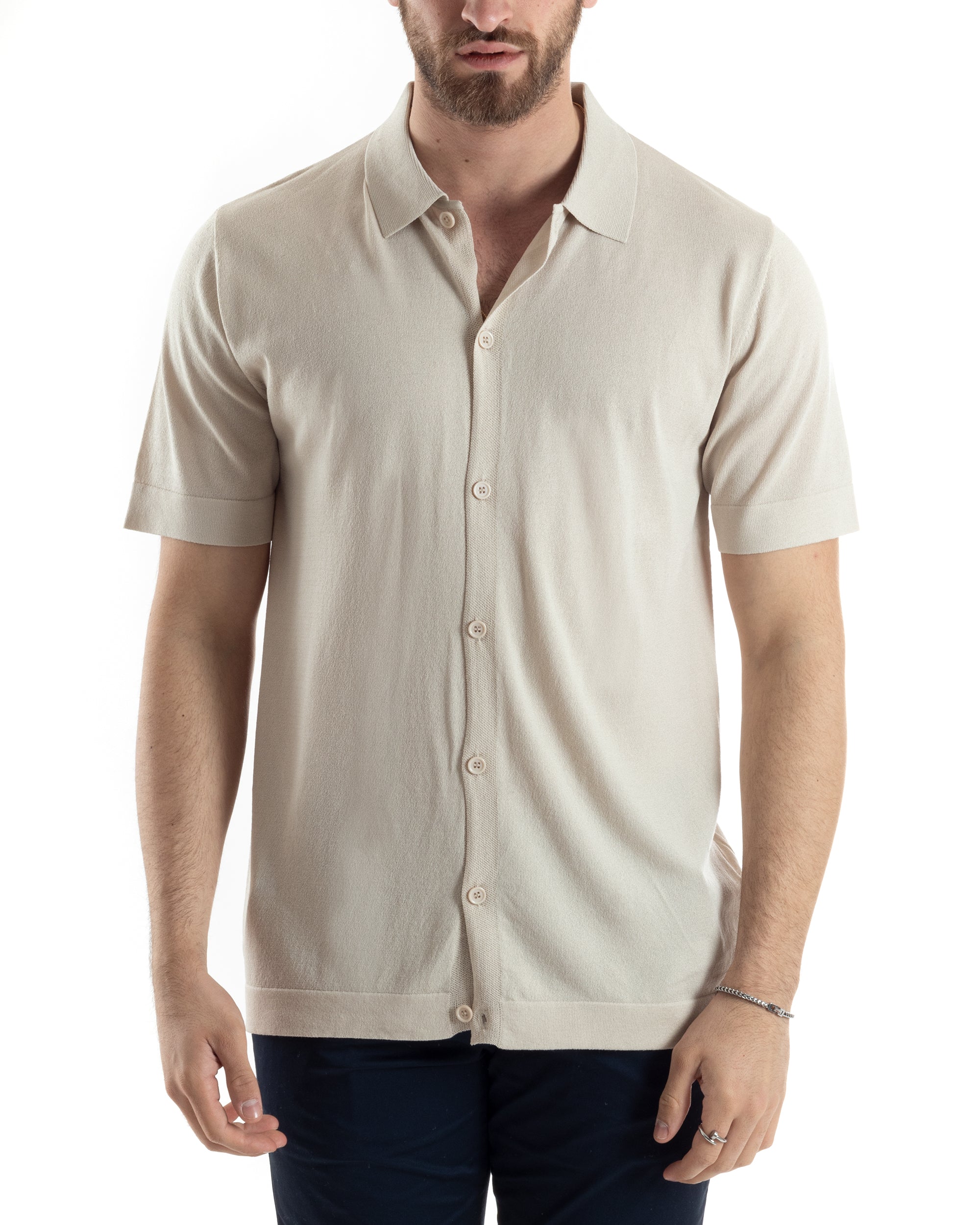 Polo Uomo In Filo Cardigan Bottoni T-Shirt Con Colletto Casual Sottogiacca Beige GIOSAL-TS3019A