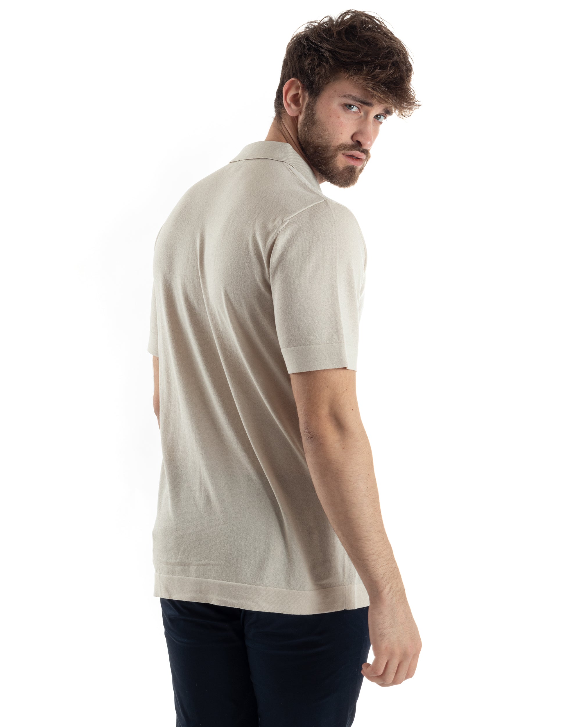 Men's Polo Shirt with Buttons, Cardigan, Collar, Beige Under Jacket TS3019A