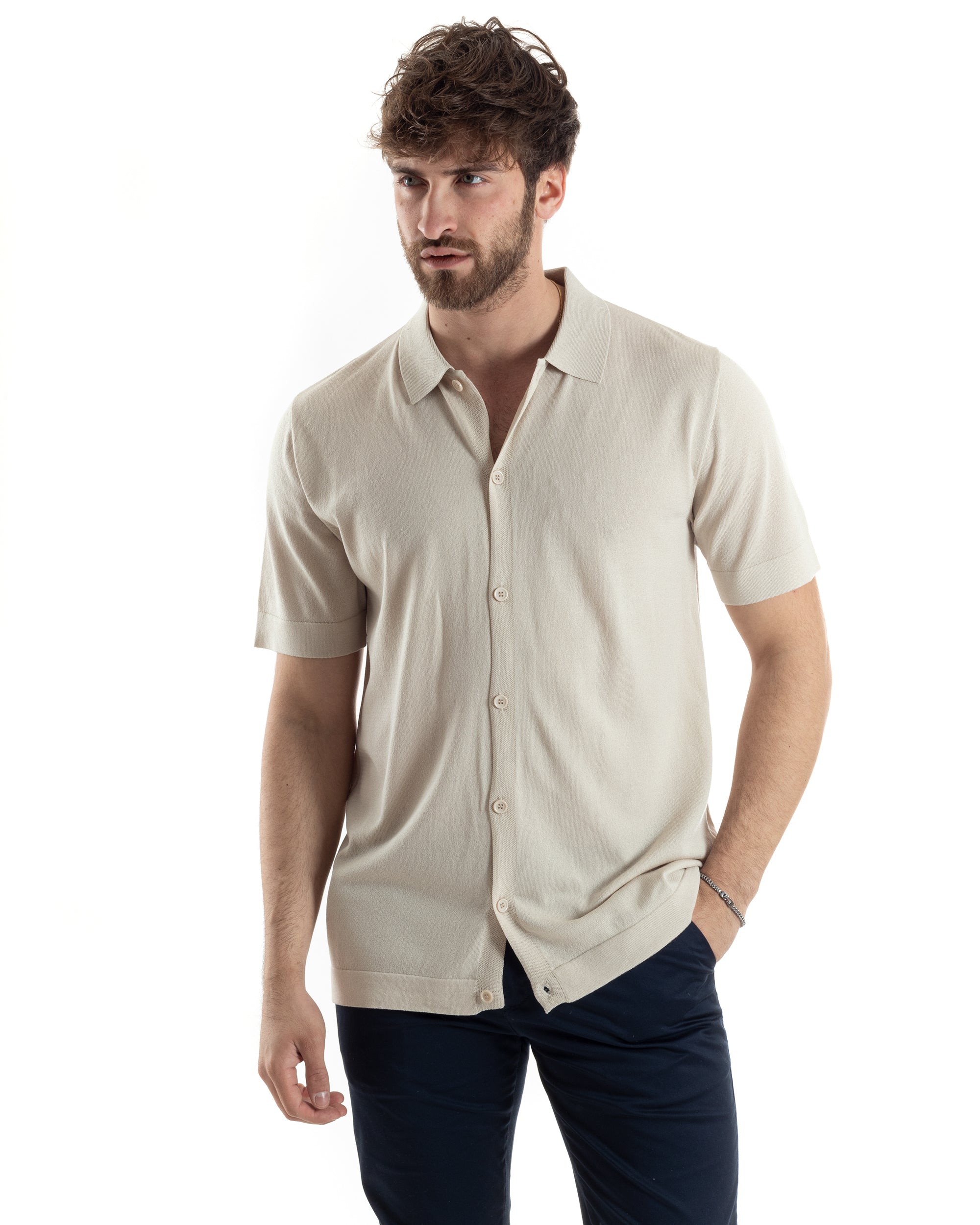 Polo Uomo In Filo Cardigan Bottoni T-Shirt Con Colletto Casual Sottogiacca Beige GIOSAL-TS3019A