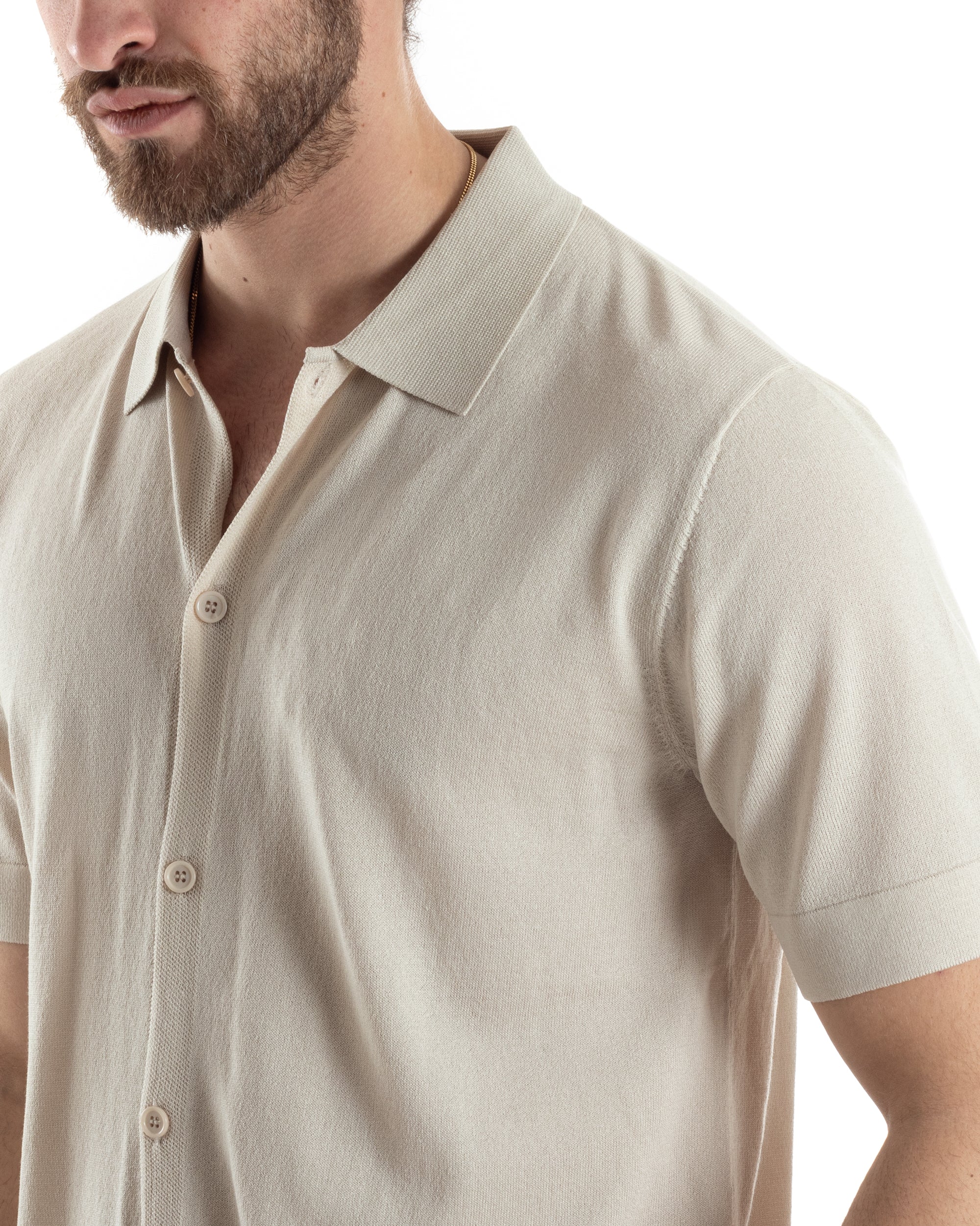 Men's Polo Shirt with Buttons, Cardigan, Collar, Beige Under Jacket TS3019A