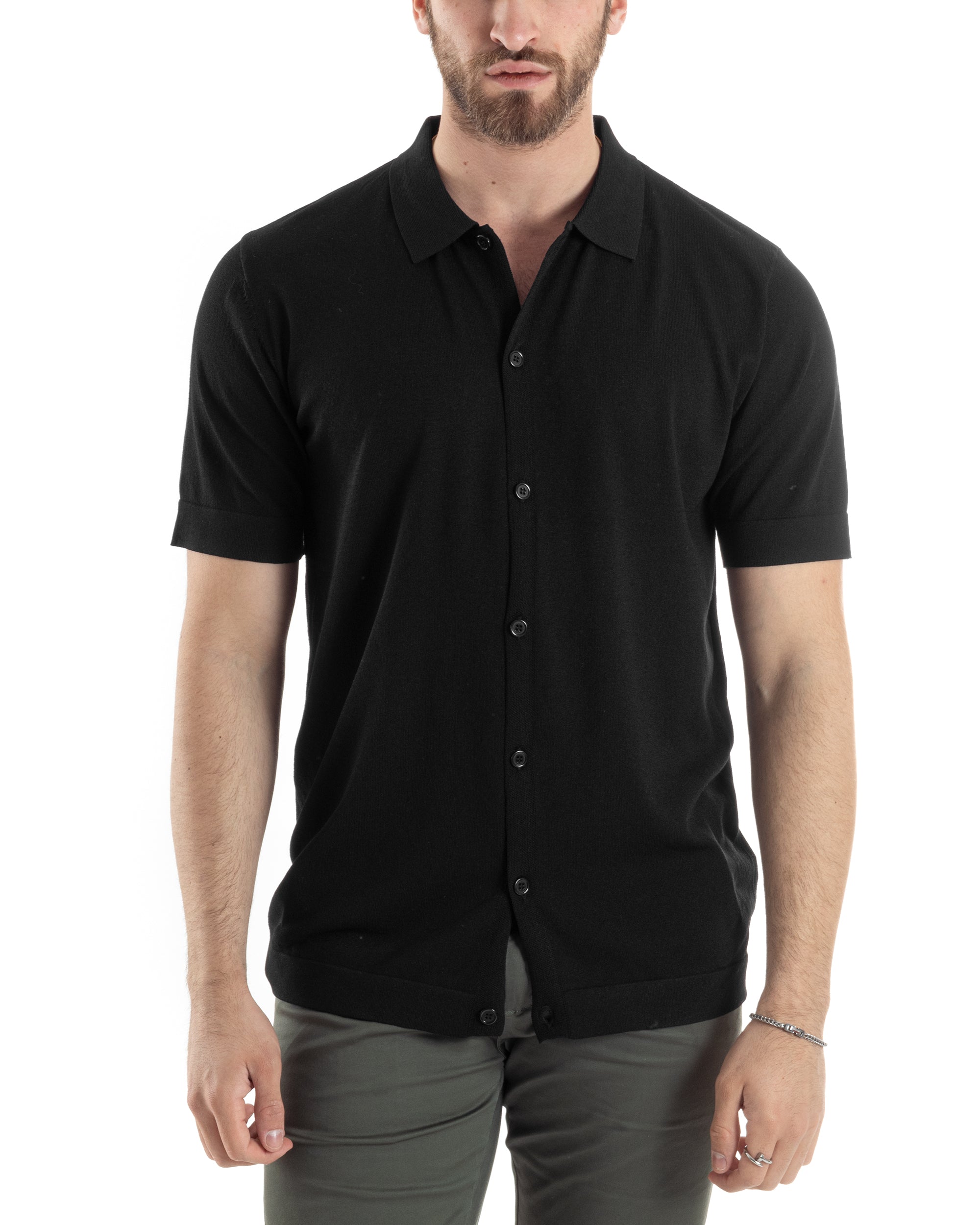 Polo Uomo In Filo Cardigan Bottoni T-Shirt Con Colletto Casual Sottogiacca Nero GIOSAL-TS3020A