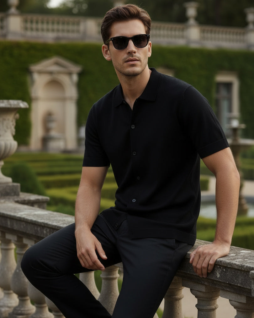 Men's Polo Shirt with Buttons, Cardigan, Collar, Under Jacket, Black TS3020A