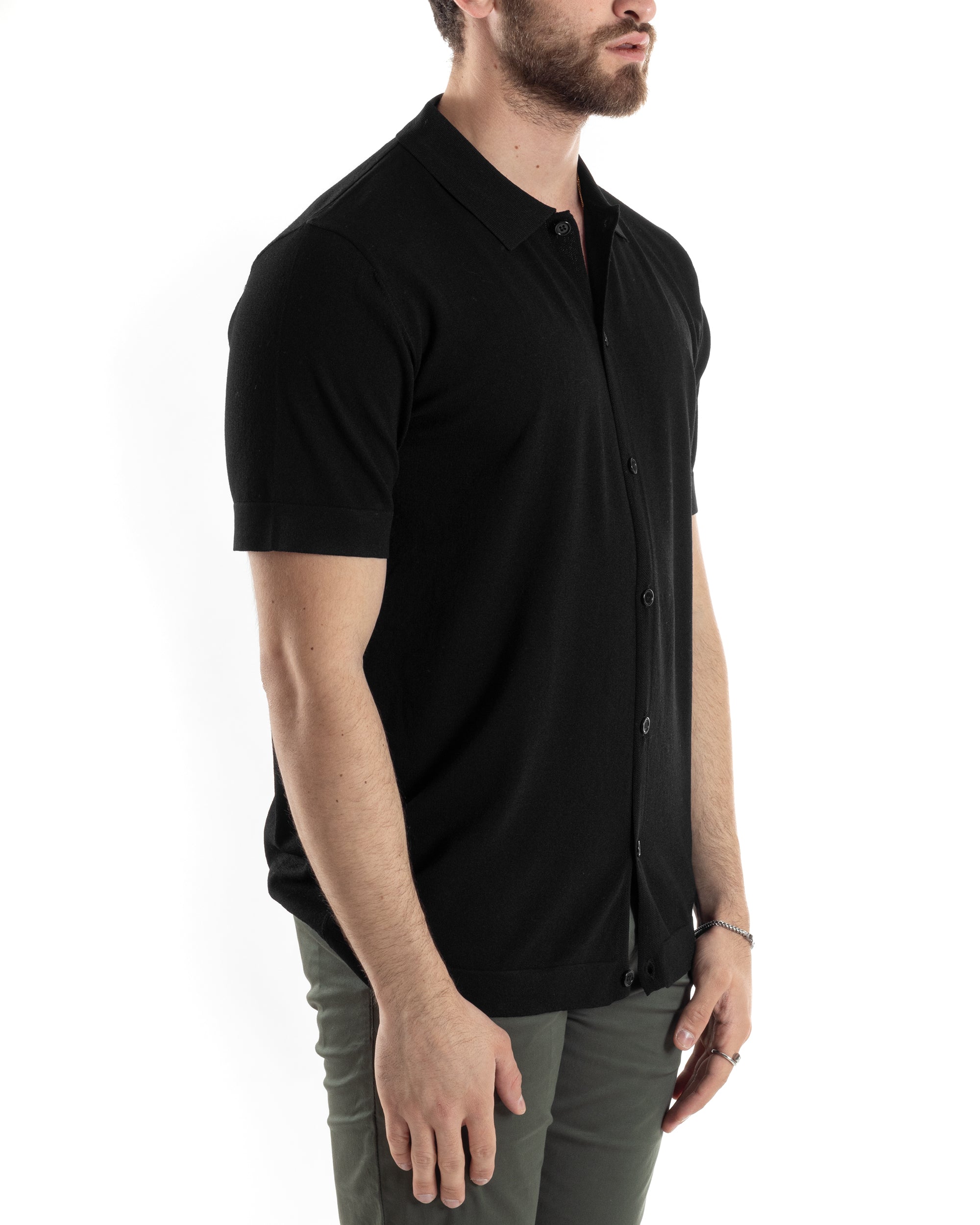 Polo Uomo In Filo Cardigan Bottoni T-Shirt Con Colletto Casual Sottogiacca Nero GIOSAL-TS3020A