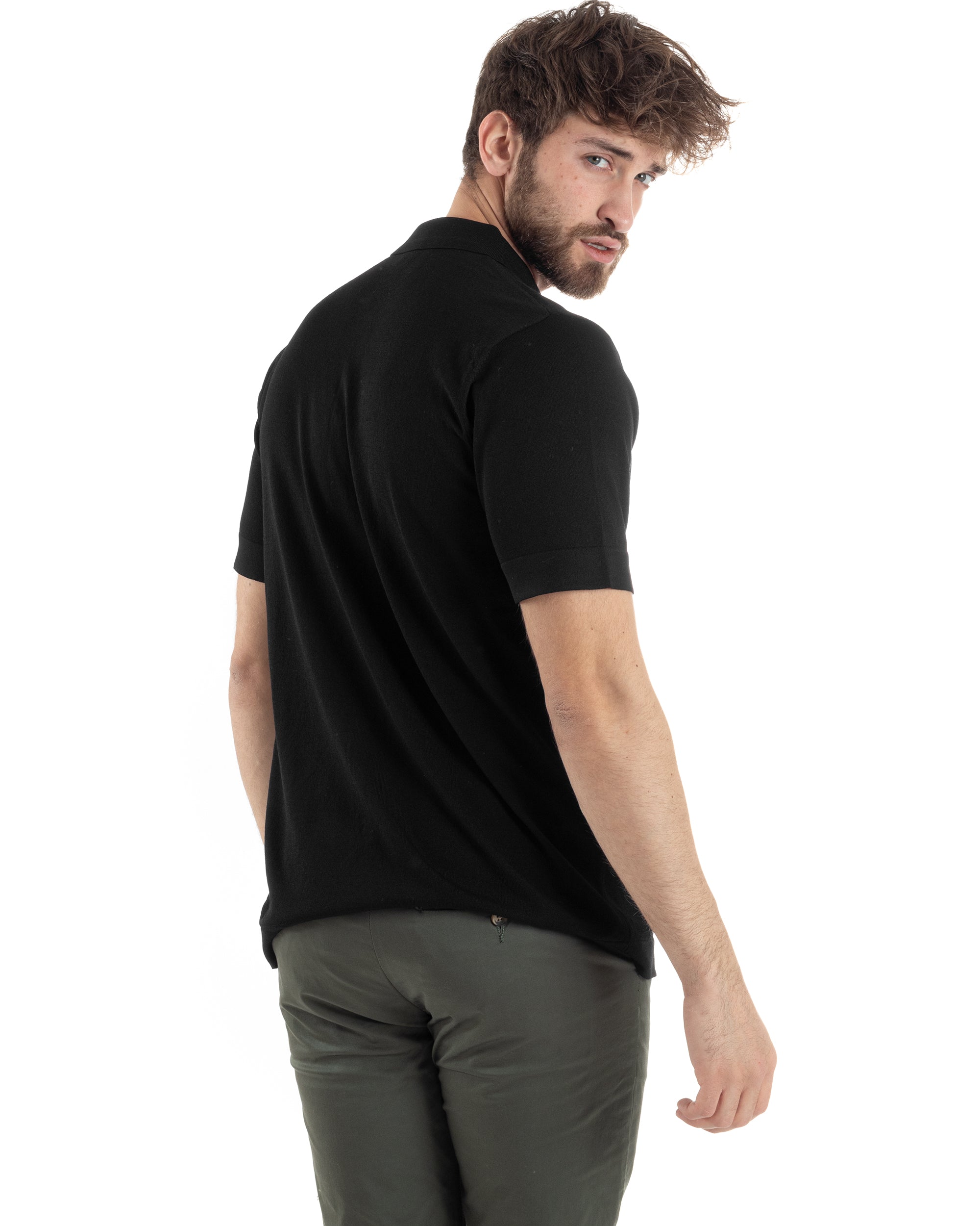 Polo Uomo In Filo Cardigan Bottoni T-Shirt Con Colletto Casual Sottogiacca Nero GIOSAL-TS3020A