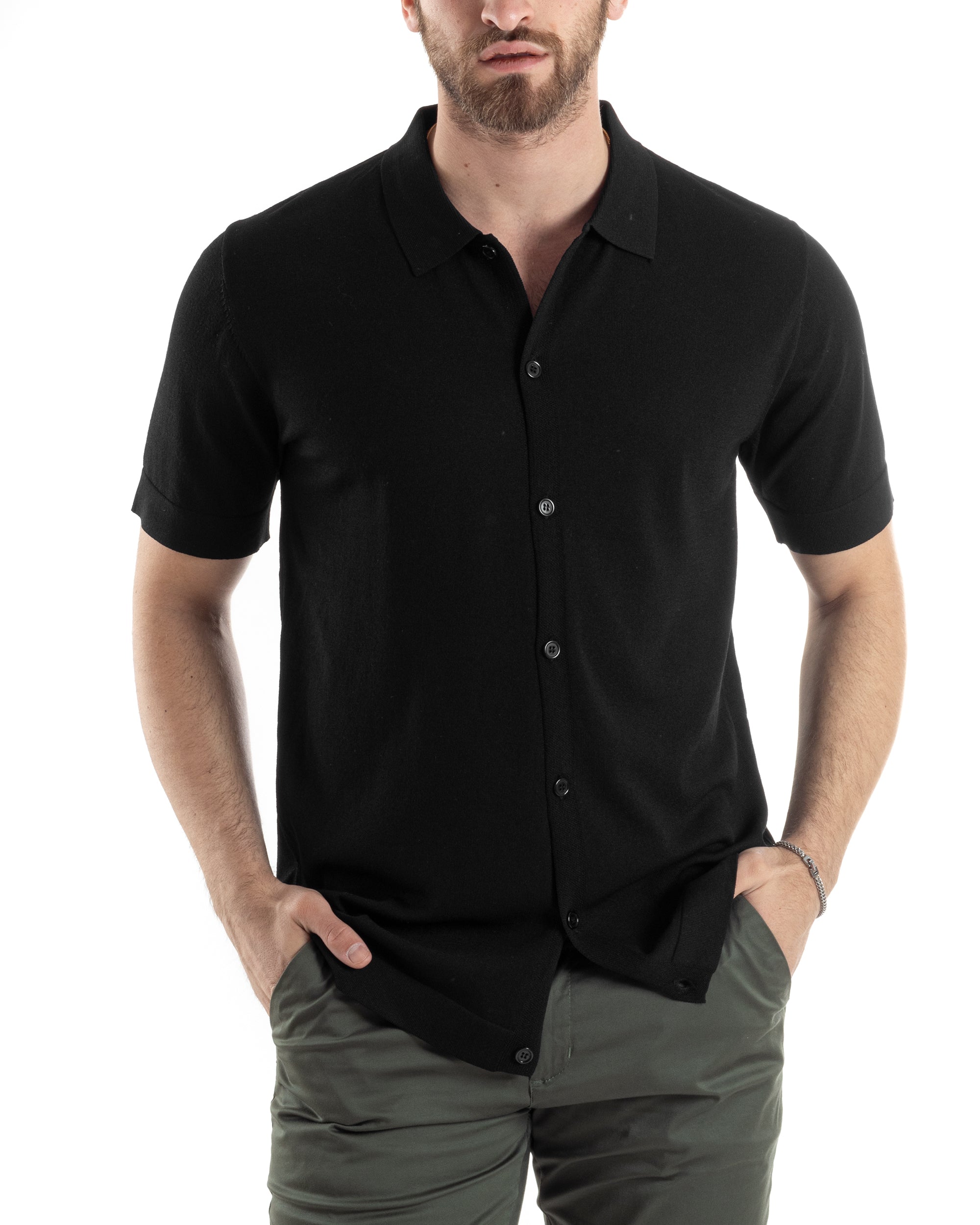 Polo Uomo In Filo Cardigan Bottoni T-Shirt Con Colletto Casual Sottogiacca Nero GIOSAL-TS3020A
