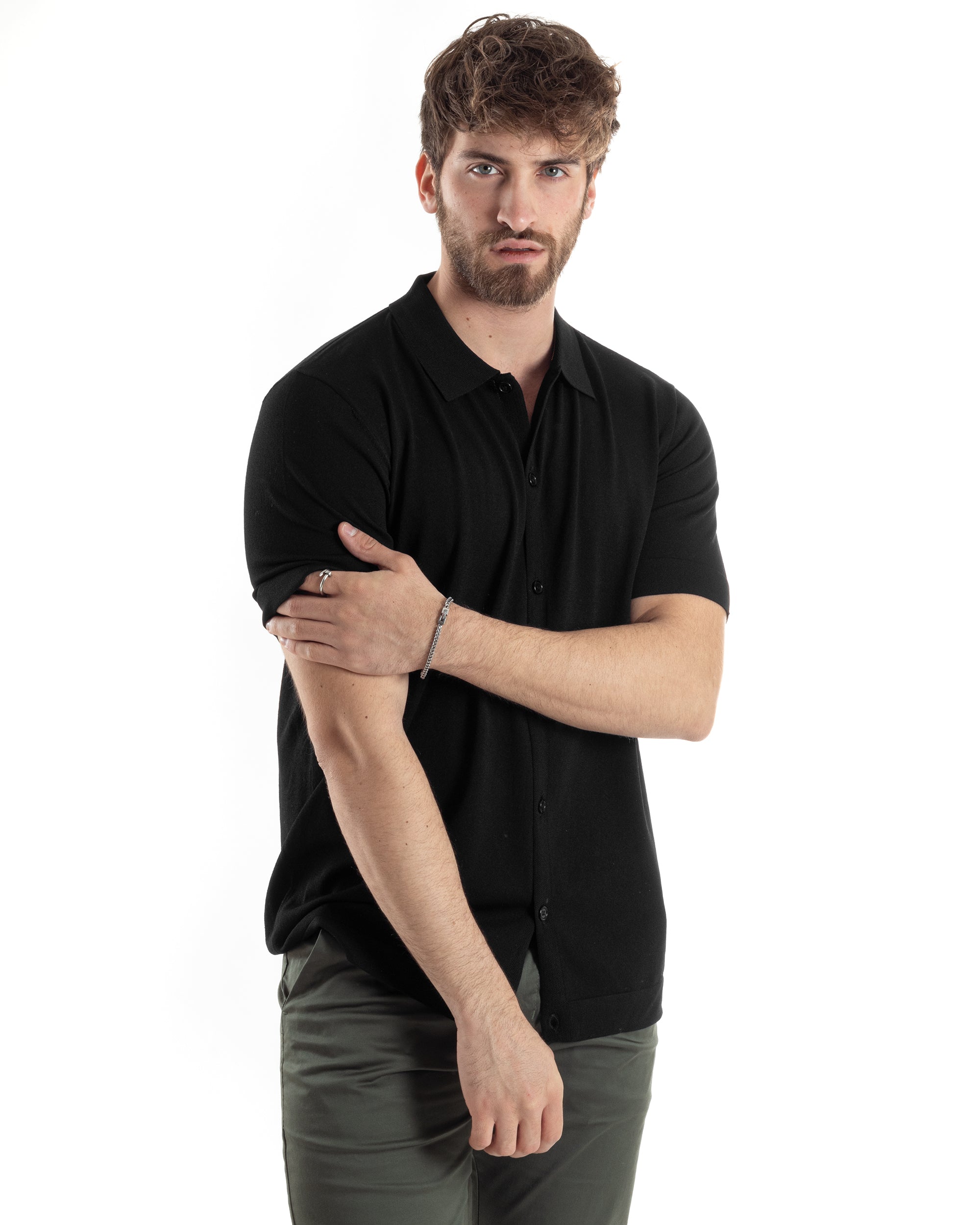 Men's Polo Shirt with Buttons, Cardigan, Collar, Under Jacket, Black TS3020A