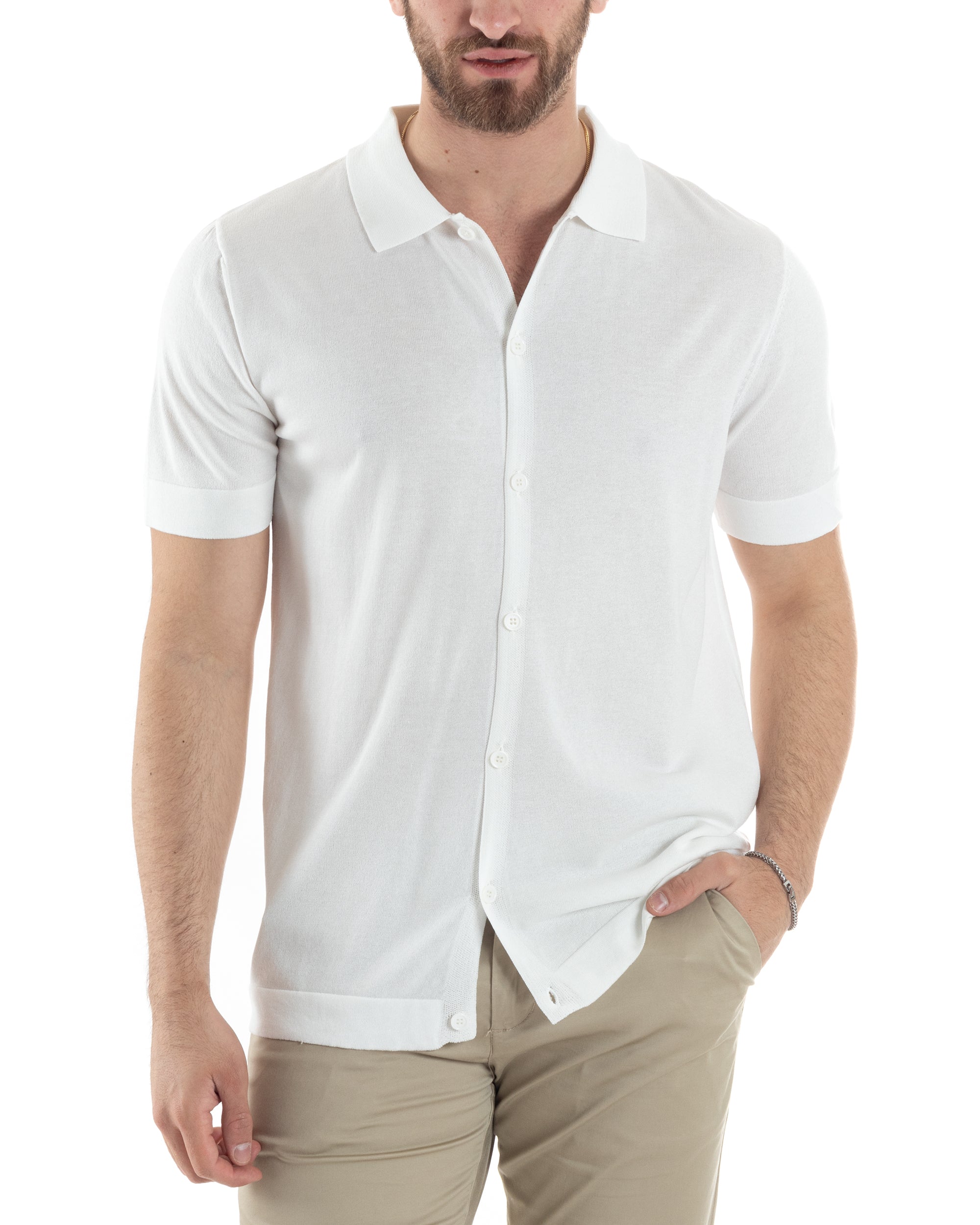 Polo Uomo In Filo Cardigan Bottoni T-Shirt Con Colletto Casual Sottogiacca Bianco GIOSAL-TS3021A