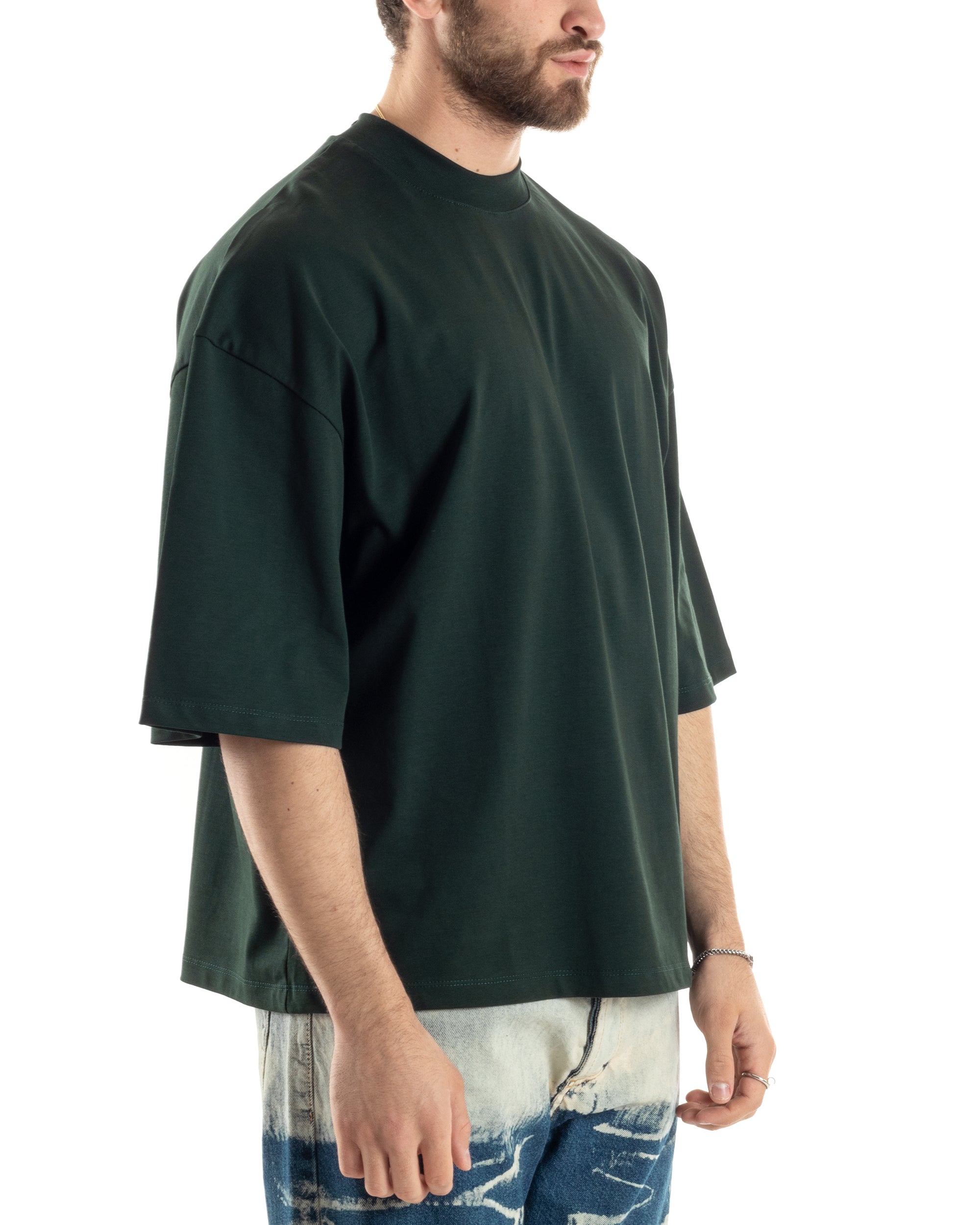 T-shirt Uomo Girocollo Boxy Fit Oversize Cotone Spalla Scesa Gola Alta Casual Basic Verde GIOSAL-TS3026A