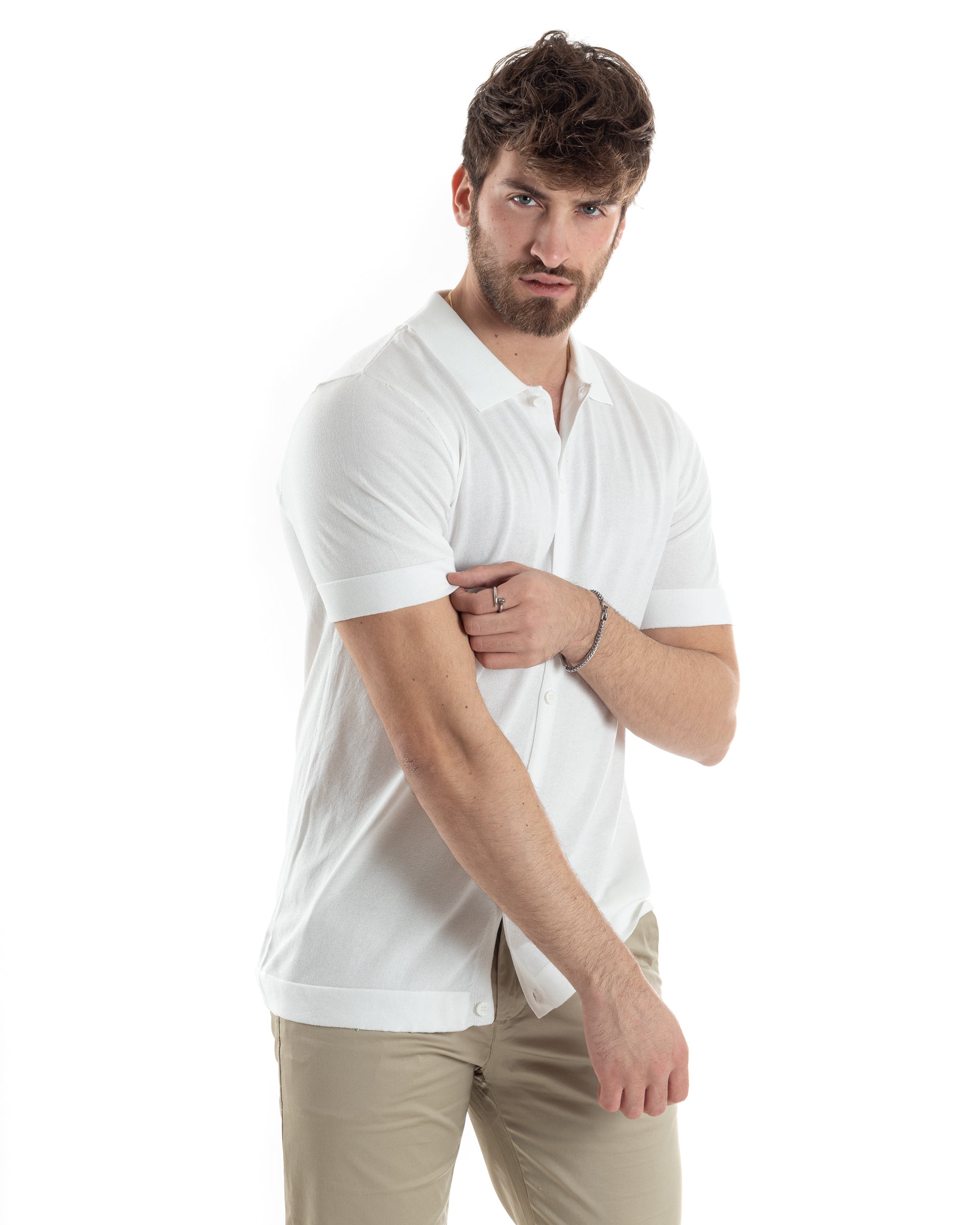 Polo Uomo In Filo Cardigan Bottoni T-Shirt Con Colletto Casual Sottogiacca Bianco GIOSAL-TS3021A