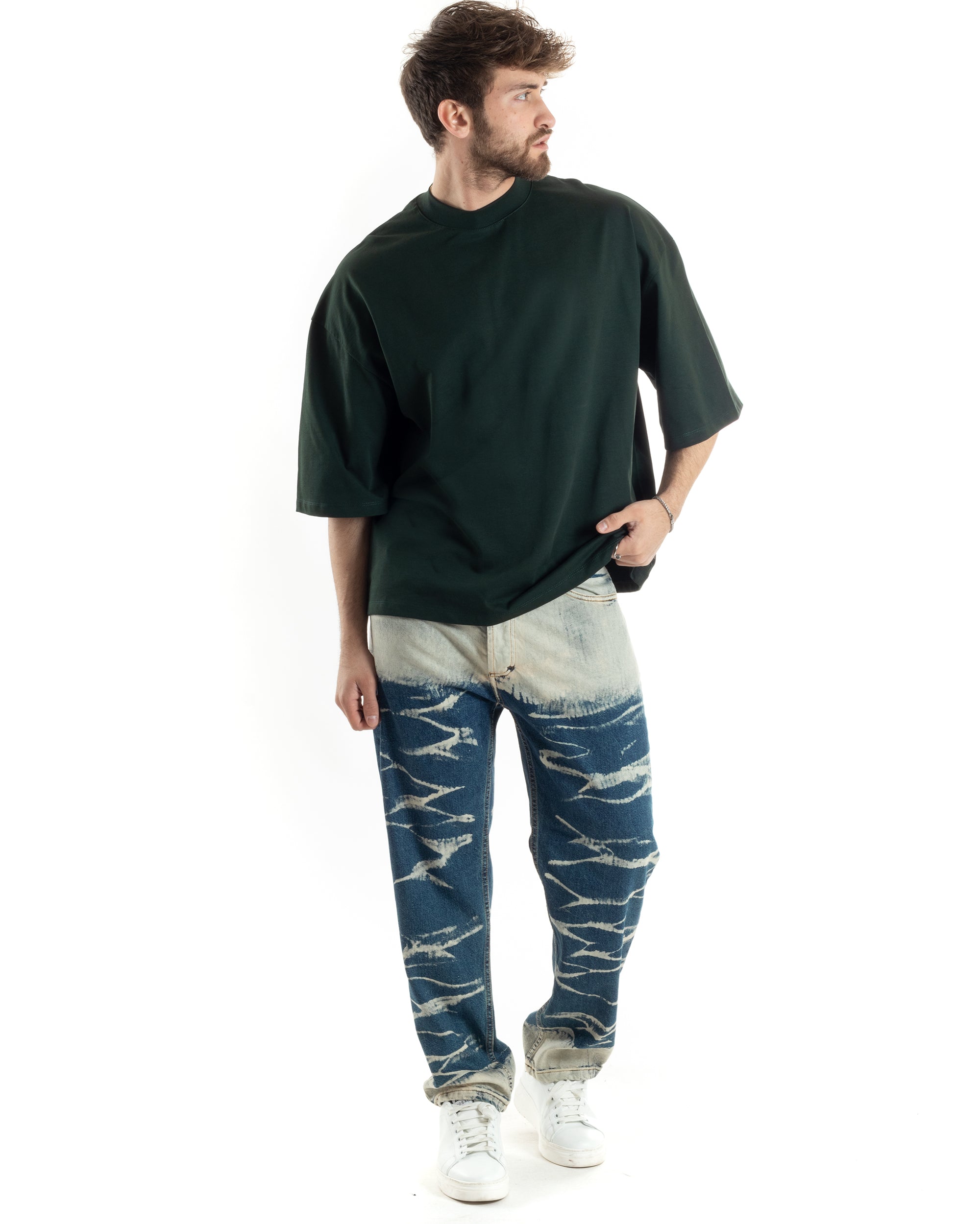 T-shirt Uomo Girocollo Boxy Fit Oversize Cotone Spalla Scesa Gola Alta Casual Basic Verde GIOSAL-TS3026A