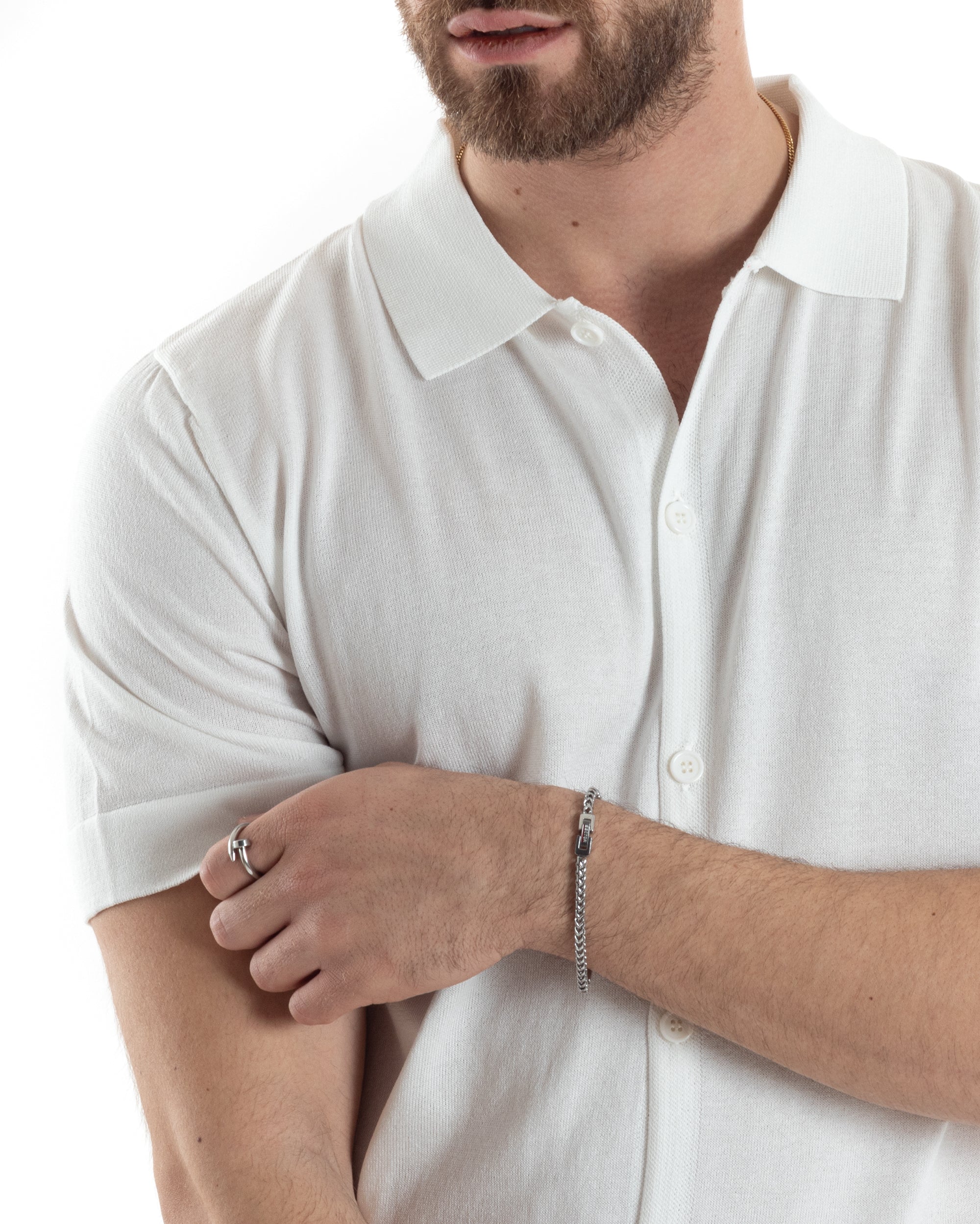 Polo Uomo In Filo Cardigan Bottoni T-Shirt Con Colletto Casual Sottogiacca Bianco GIOSAL-TS3021A