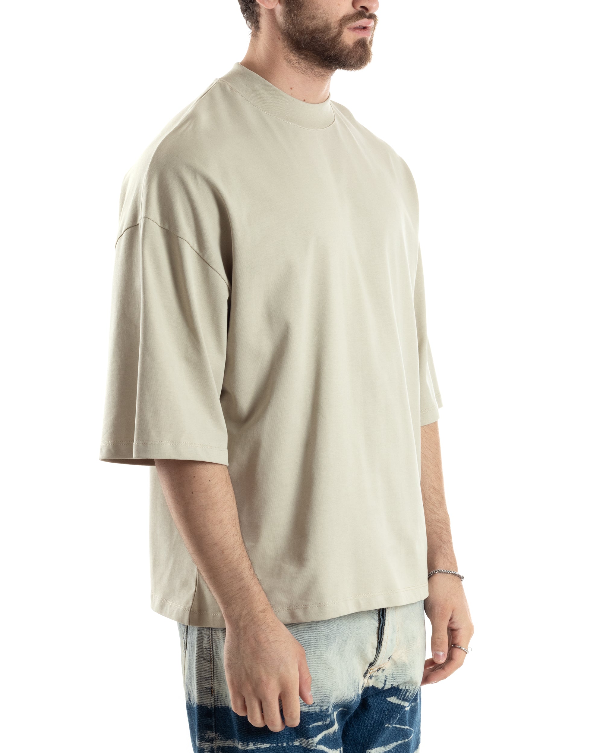 T-shirt Uomo Girocollo Boxy Fit Oversize Cotone Spalla Scesa Gola Alta Casual Basic Beige GIOSAL-TS3022A