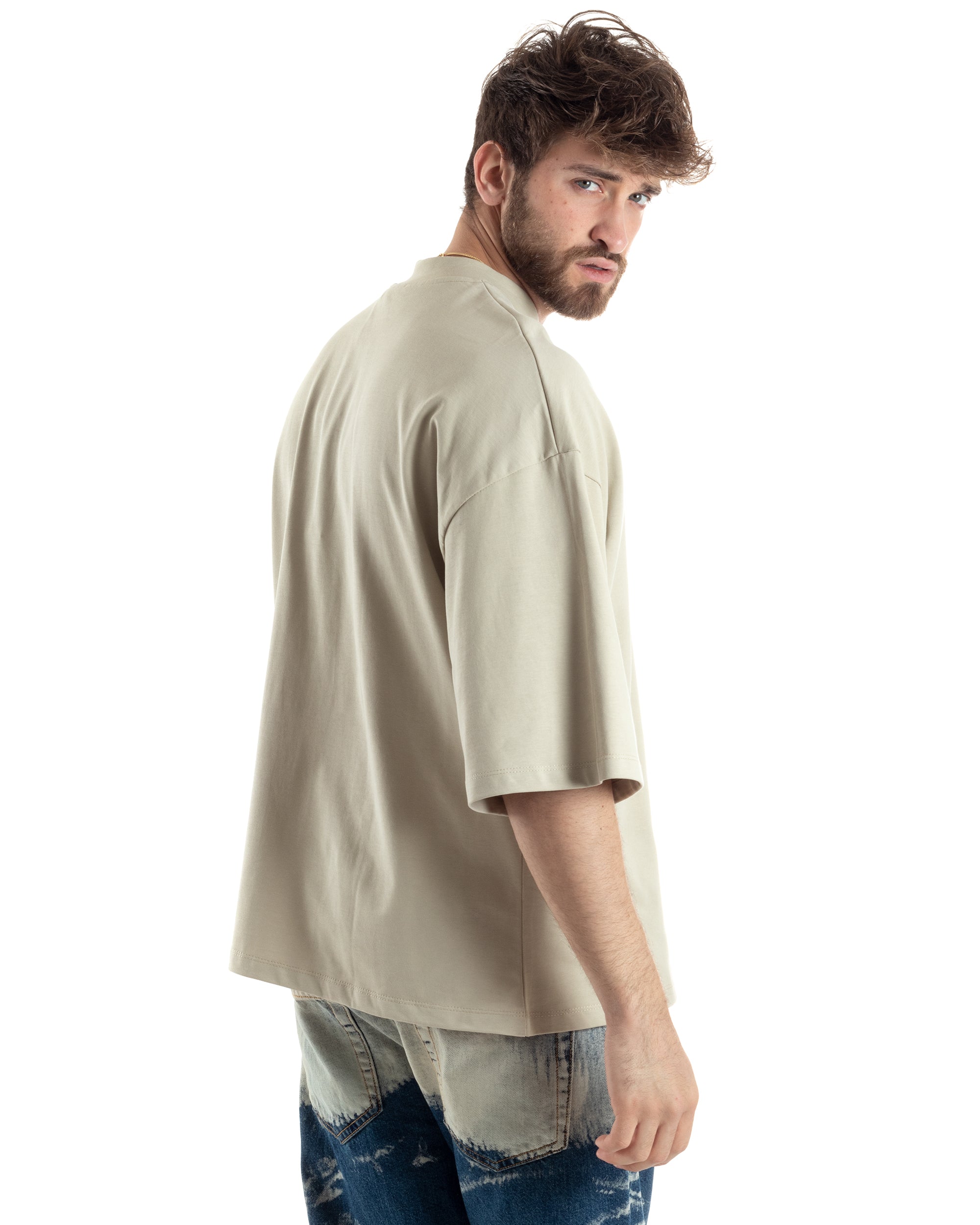 T-shirt Uomo Girocollo Boxy Fit Oversize Cotone Spalla Scesa Gola Alta Casual Basic Beige GIOSAL-TS3022A