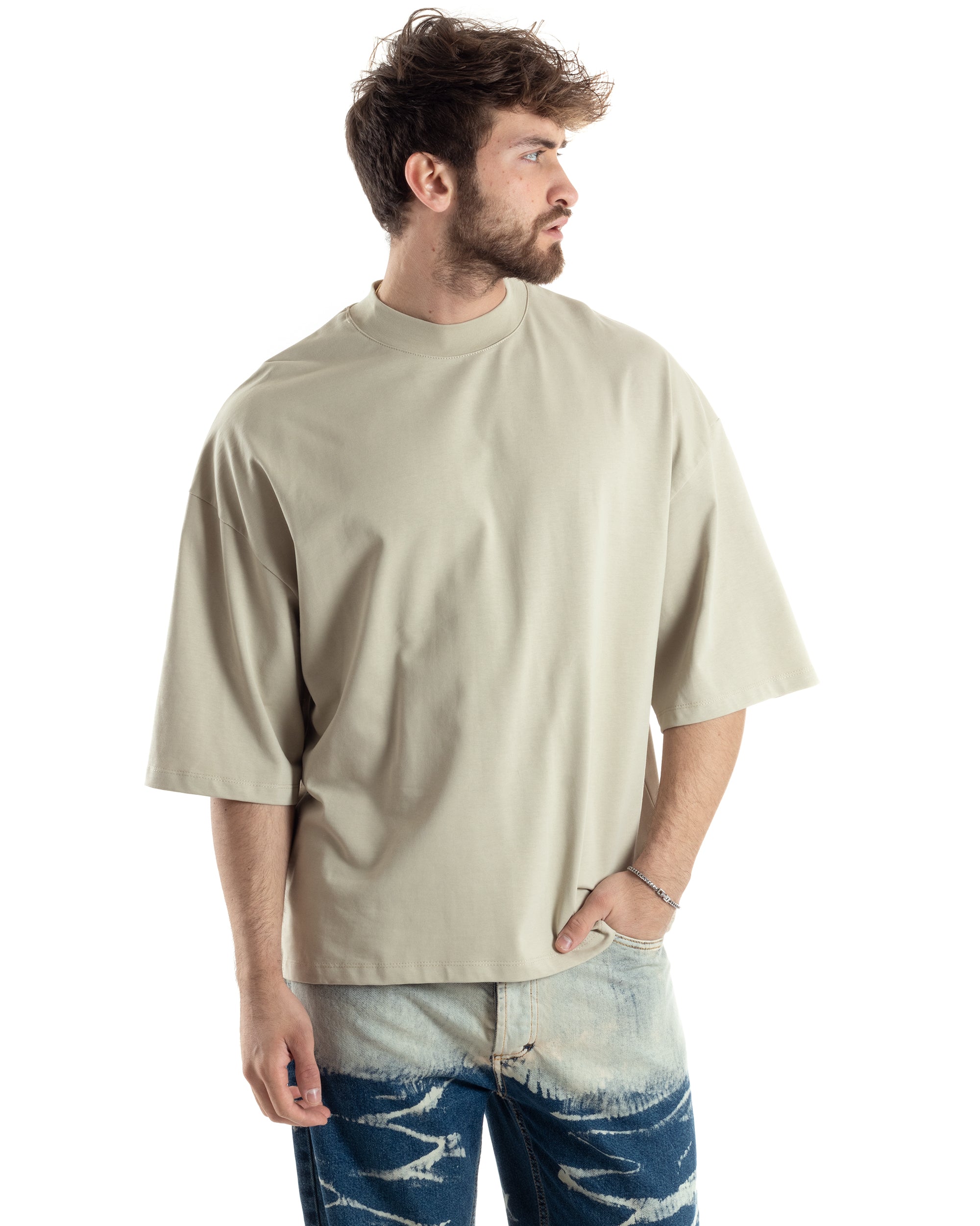 T-shirt Uomo Girocollo Boxy Fit Oversize Cotone Spalla Scesa Gola Alta Casual Basic Beige GIOSAL-TS3022A