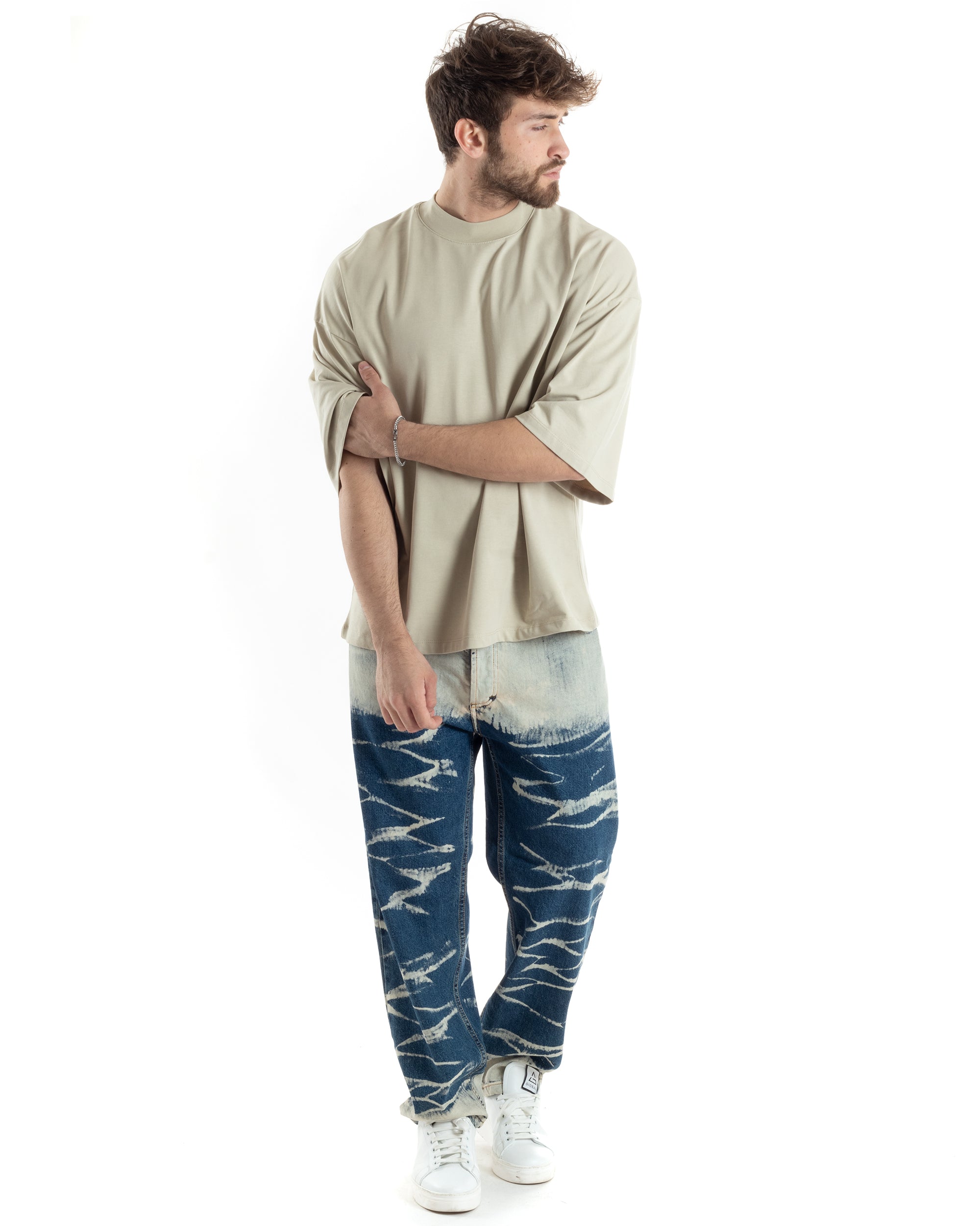 T-shirt Uomo Girocollo Boxy Fit Oversize Cotone Spalla Scesa Gola Alta Casual Basic Beige GIOSAL-TS3022A