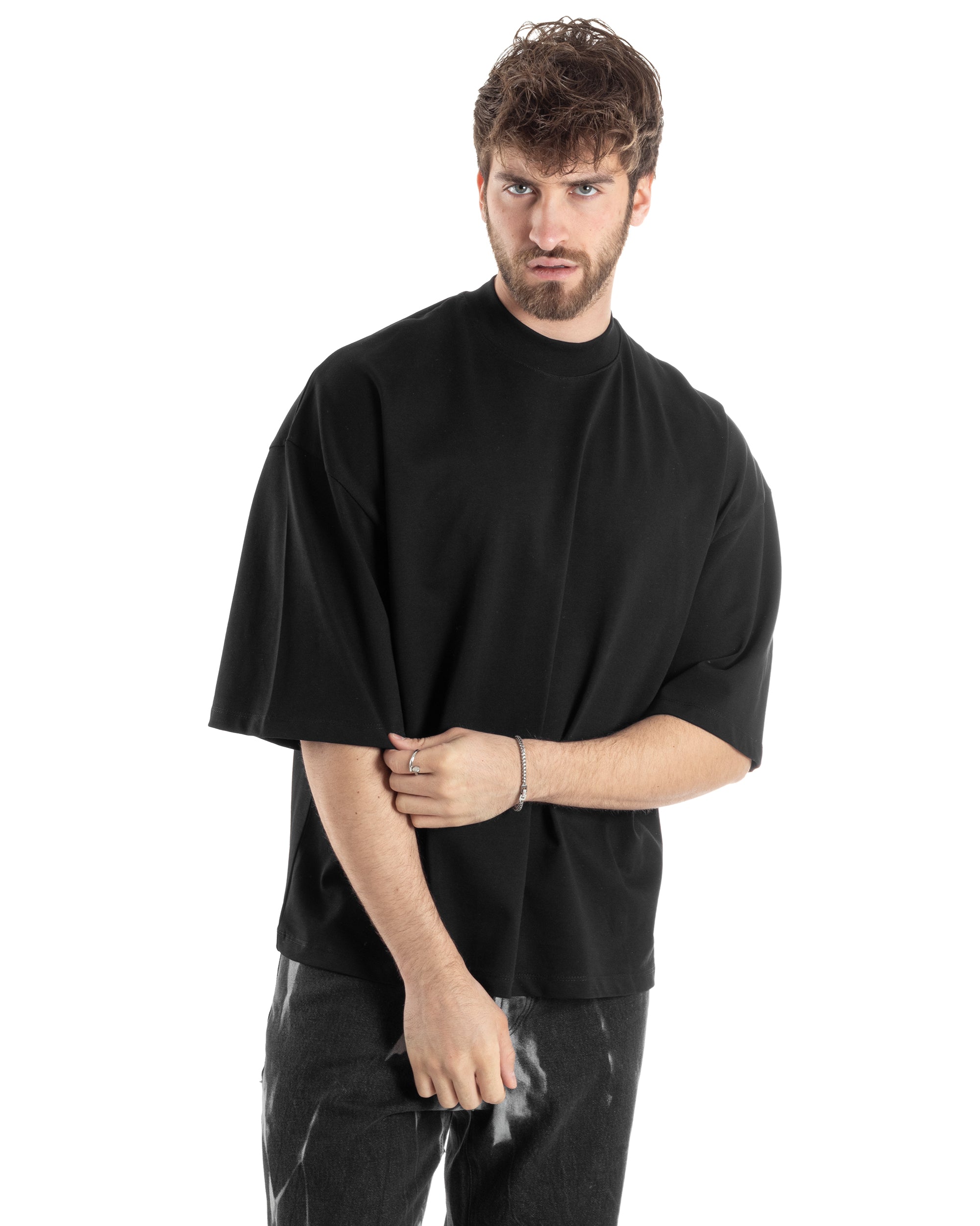 T-shirt Uomo Girocollo Boxy Fit Oversize Cotone Spalla Scesa Gola Alta Casual Basic Nero GIOSAL-TS3023A