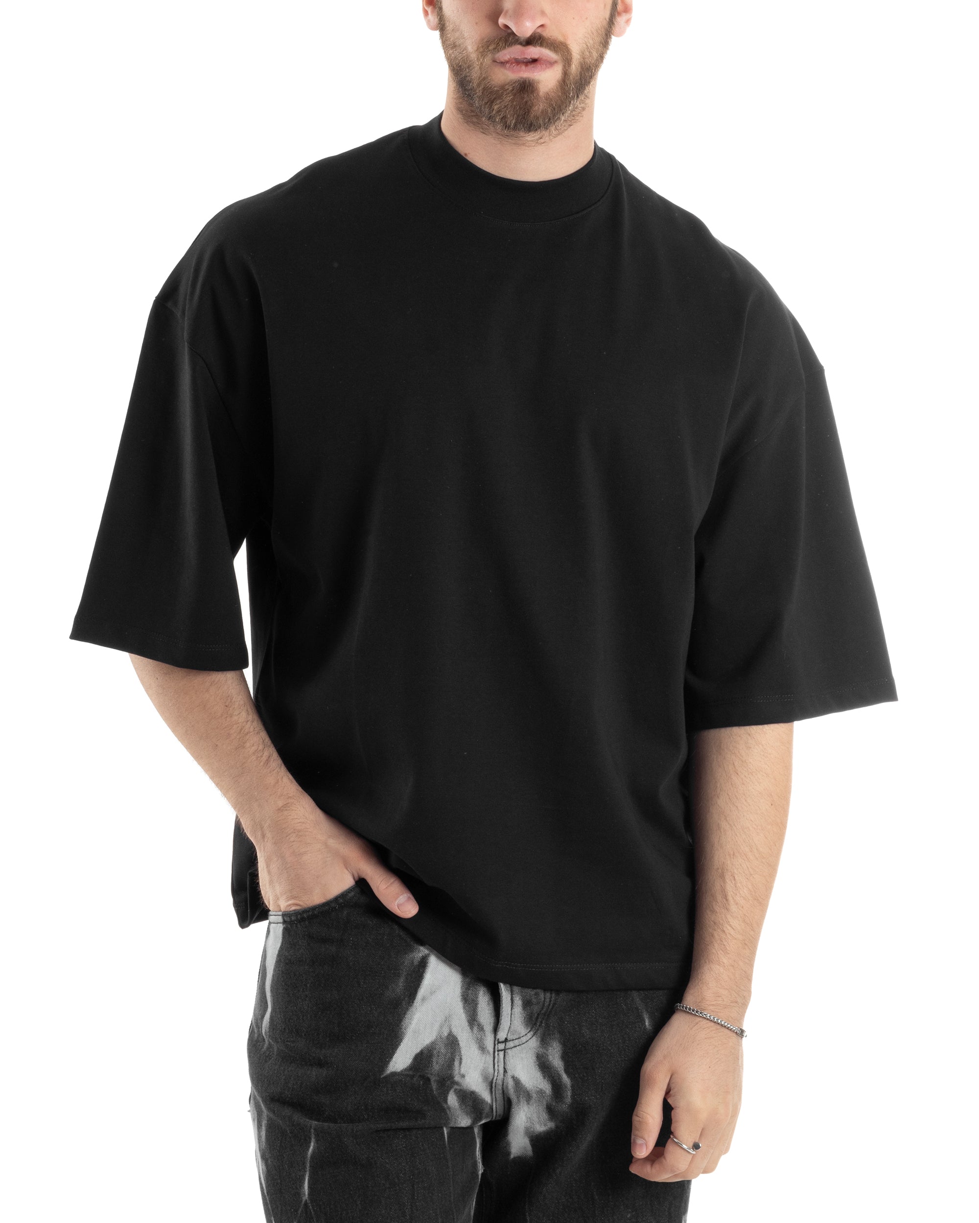 T-shirt Uomo Girocollo Boxy Fit Oversize Cotone Spalla Scesa Gola Alta Casual Basic Nero GIOSAL-TS3023A