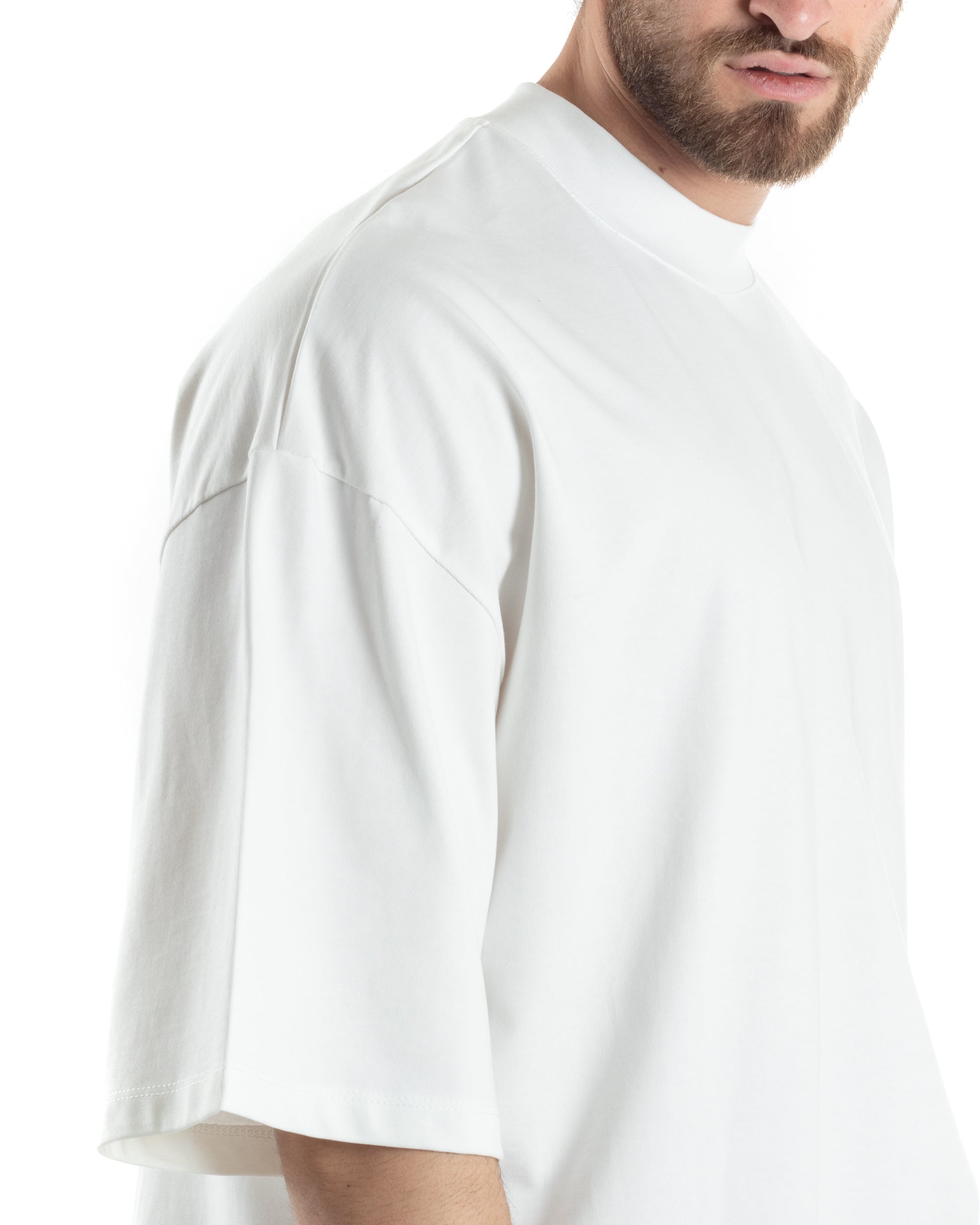 T-shirt Uomo Girocollo Boxy Fit Oversize Cotone Spalla Scesa Gola Alta Casual Basic Bianco GIOSAL-TS3024A