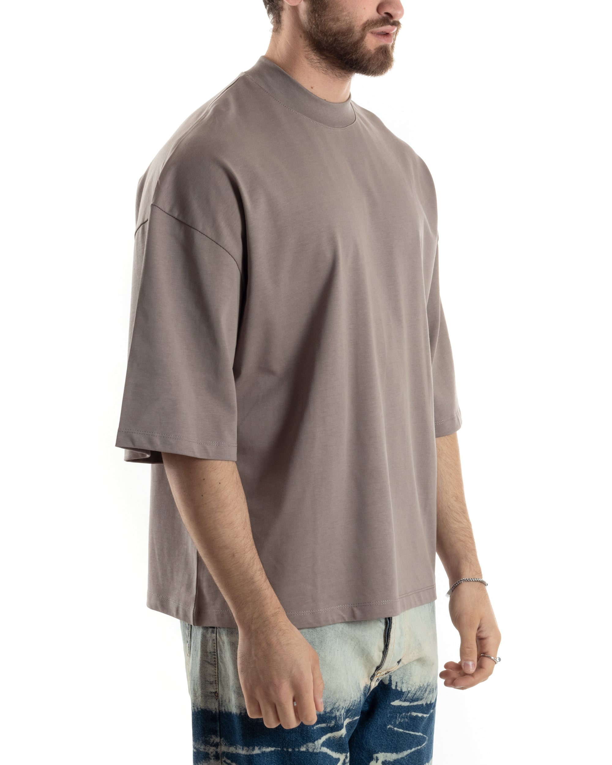 T-shirt Uomo Girocollo Boxy Fit Oversize Cotone Spalla Scesa Gola Alta Casual Basic Fango GIOSAL-TS3025A