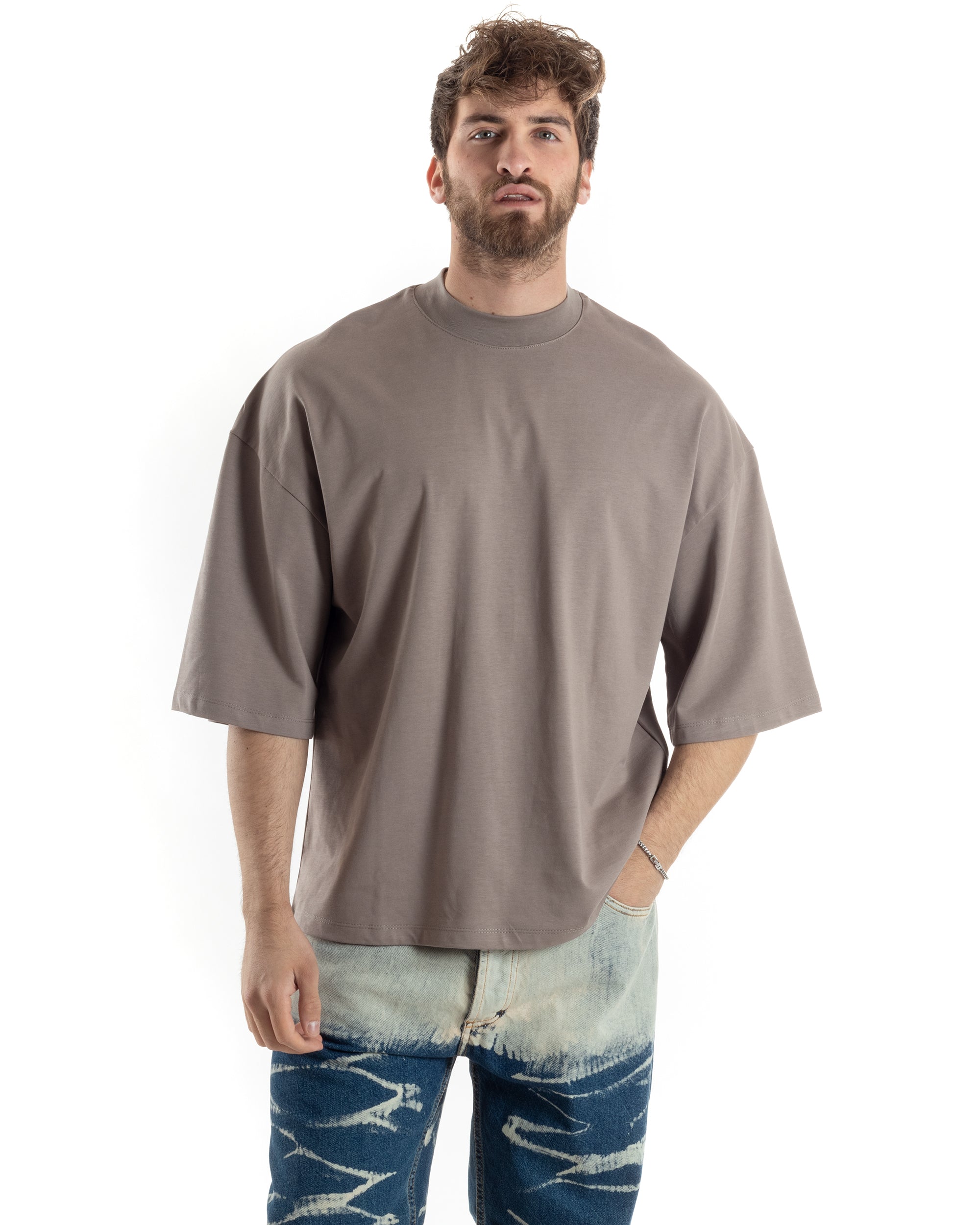 T-shirt Uomo Girocollo Boxy Fit Oversize Cotone Spalla Scesa Gola Alta Casual Basic Fango GIOSAL-TS3025A