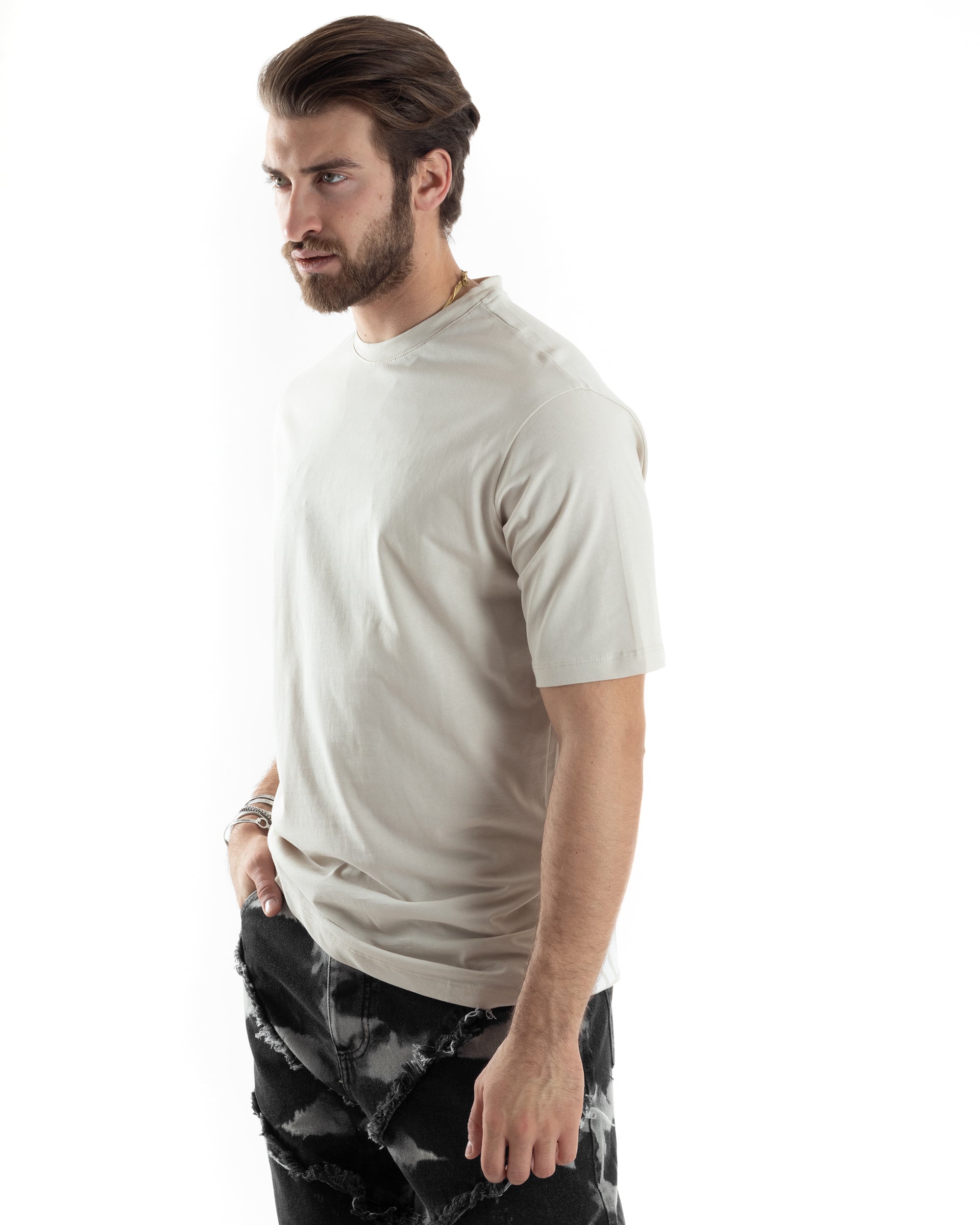 T-Shirt Uomo Con Stampa Maglia Maniche Corte Girocollo Cotone Beige GIOSAL-TS3031A