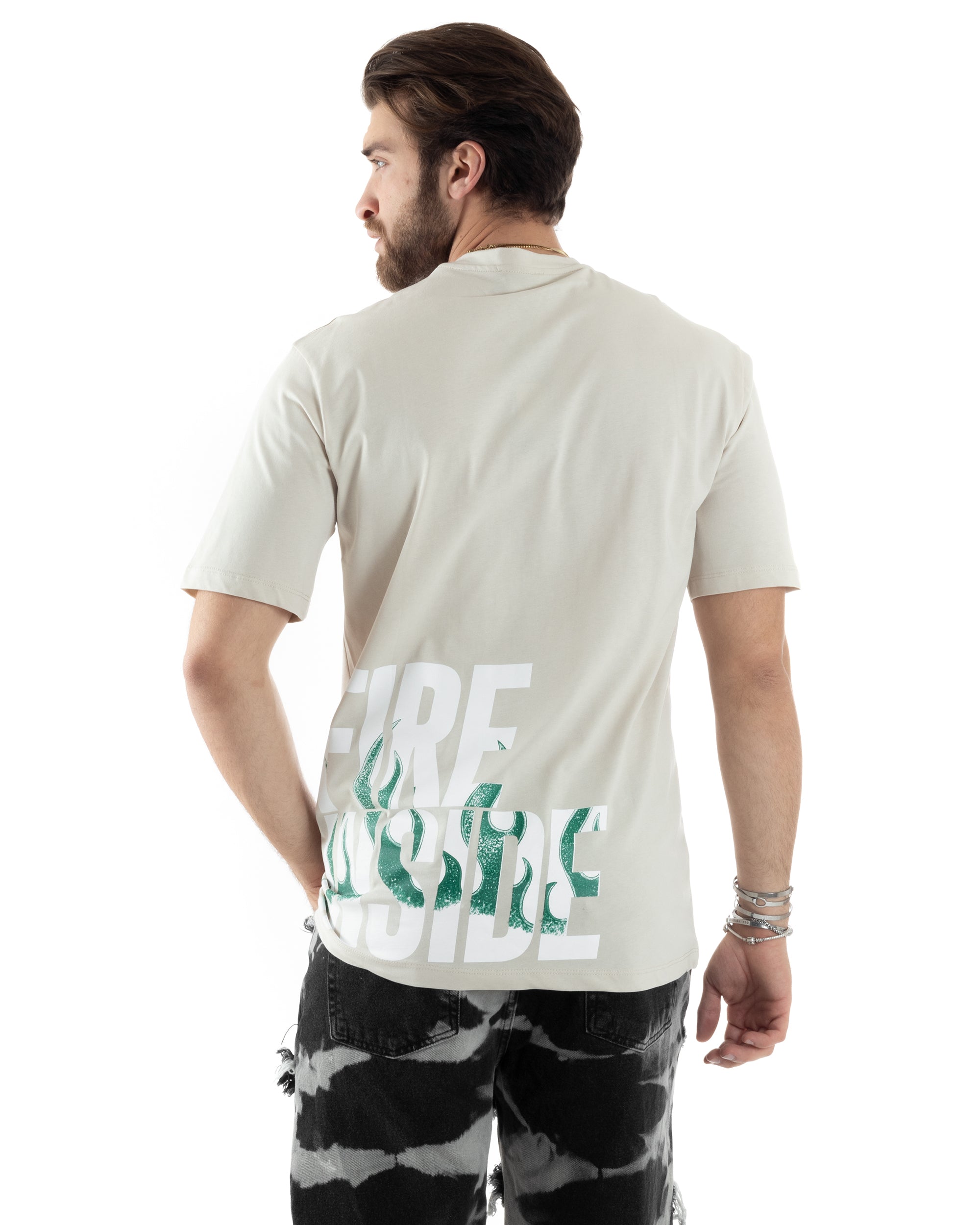 T-Shirt Uomo Con Stampa Maglia Maniche Corte Girocollo Cotone Beige GIOSAL-TS3031A