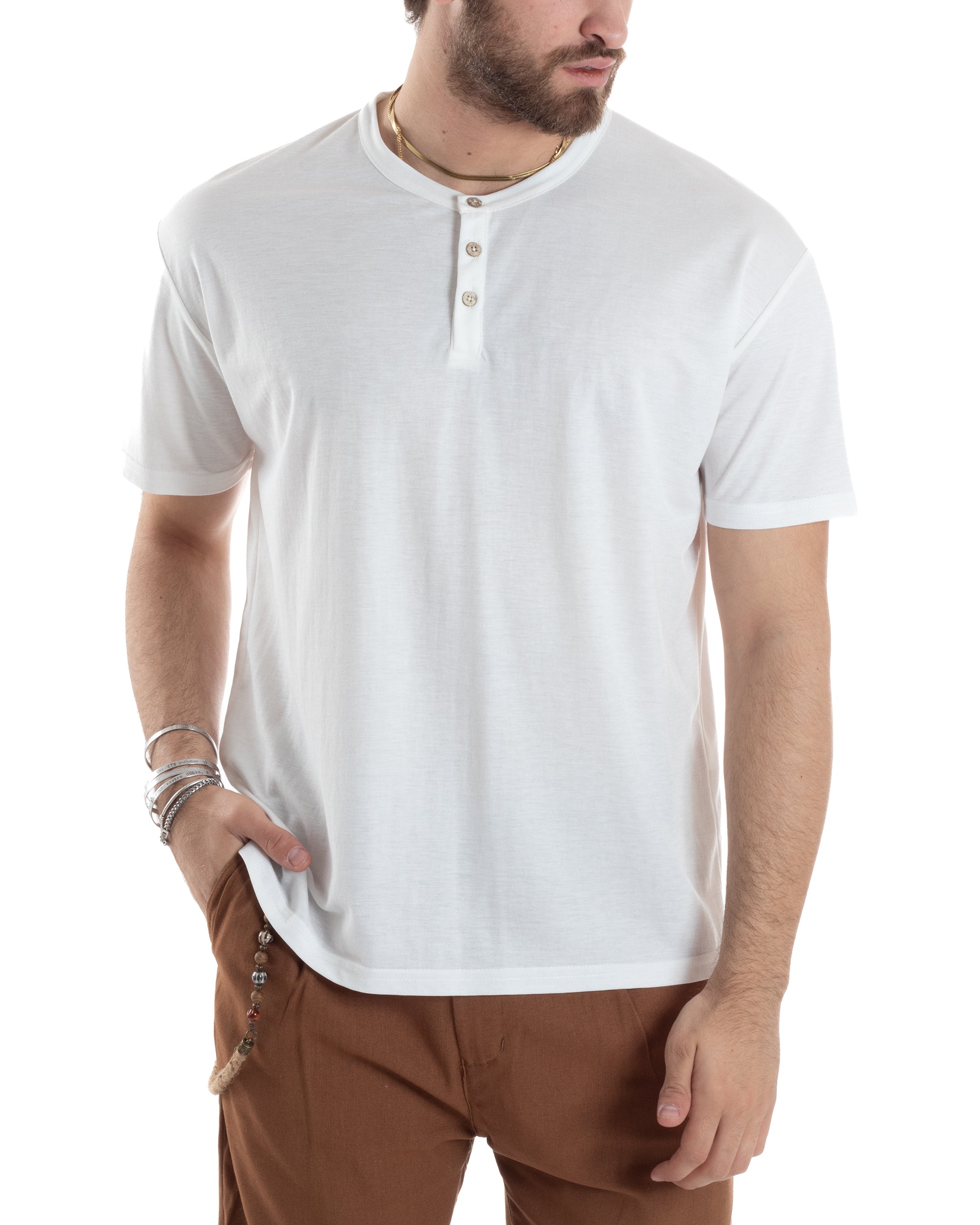 T-shirt Uomo Maniche Corte Viscosa Collo Serafino Maglia Con Bottoni Casual Bianco GIOSAL-TS3035A