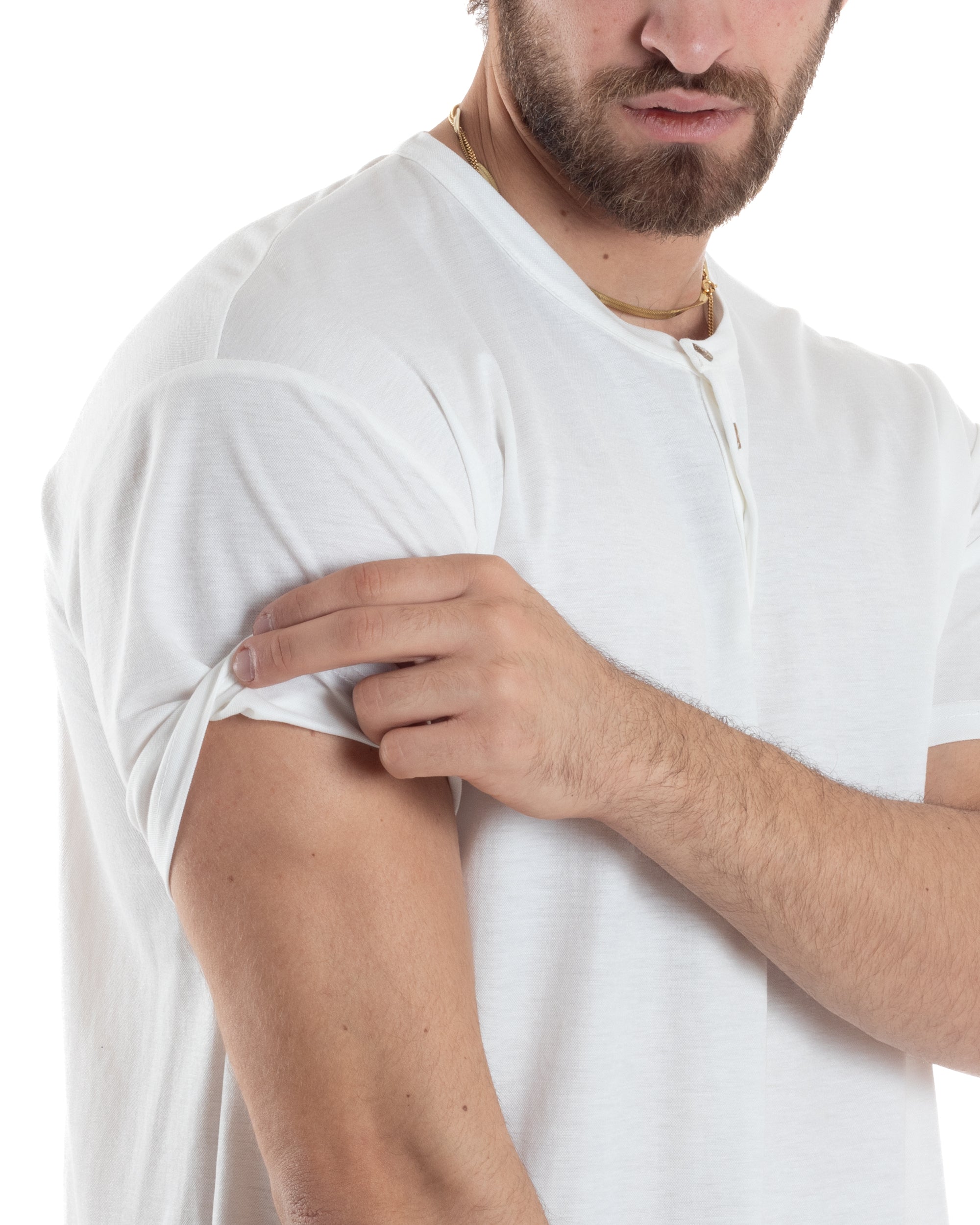 T-shirt Uomo Maniche Corte Viscosa Collo Serafino Maglia Con Bottoni Casual Bianco GIOSAL-TS3035A