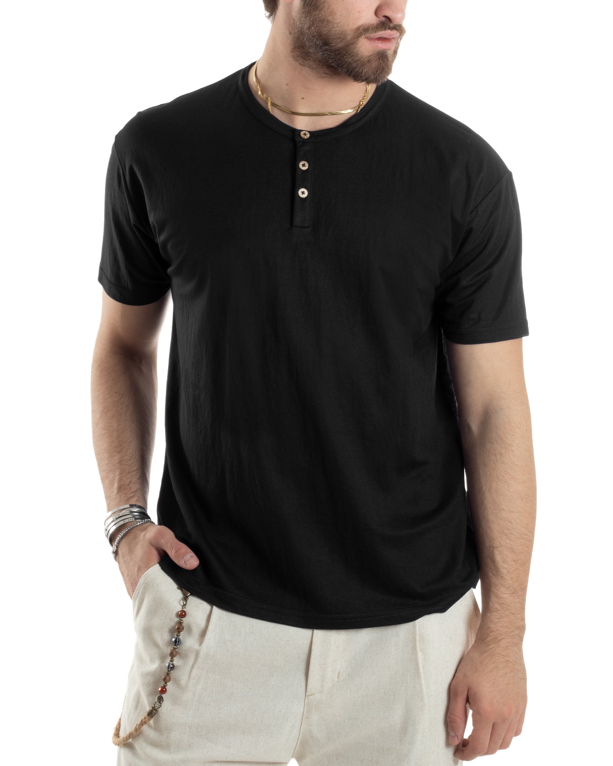 T-shirt Uomo Maniche Corte Viscosa Collo Serafino Maglia Con Bottoni Casual Nero GIOSAL-TS3036A