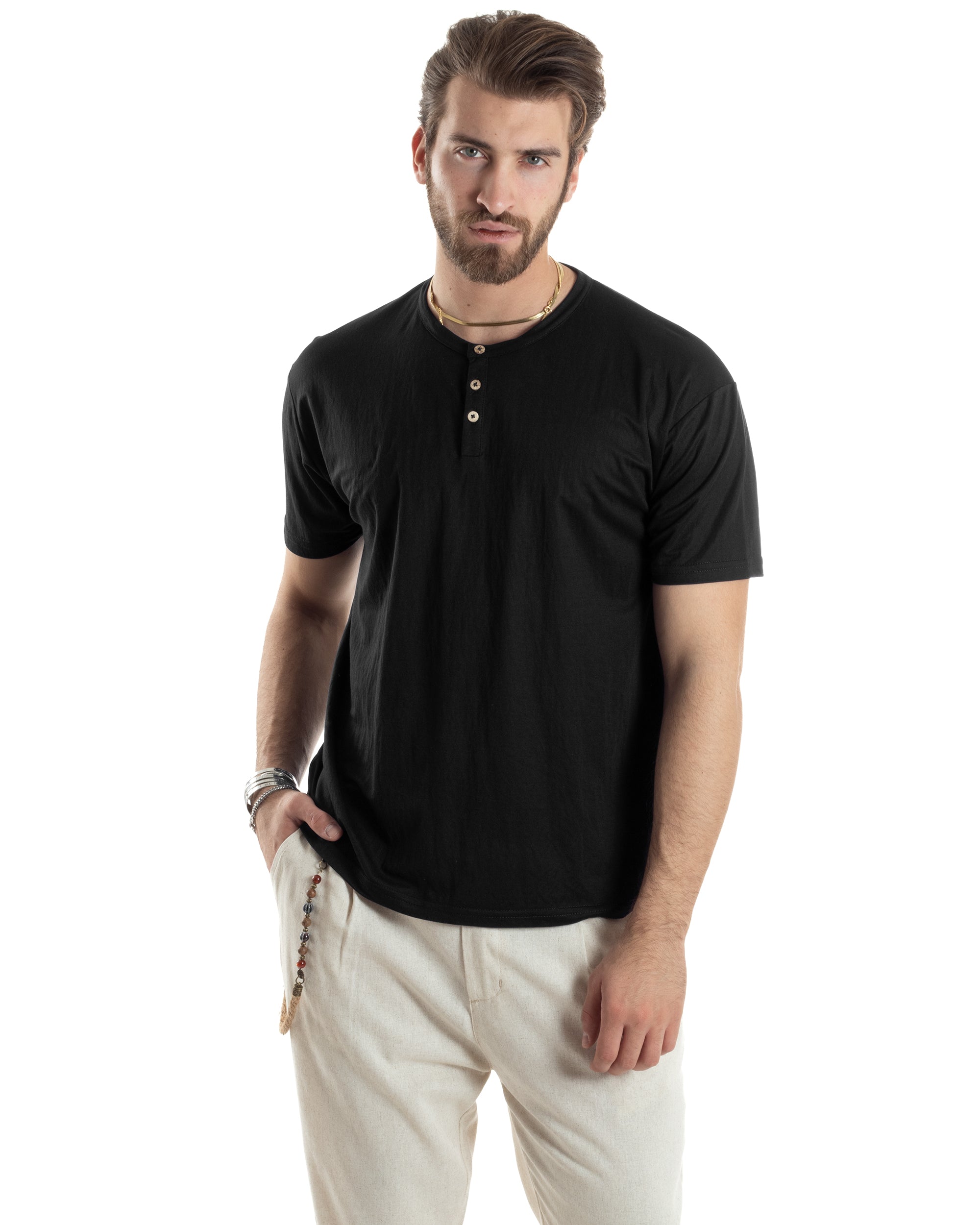 T-shirt Uomo Maniche Corte Viscosa Collo Serafino Maglia Con Bottoni Casual Nero GIOSAL-TS3036A