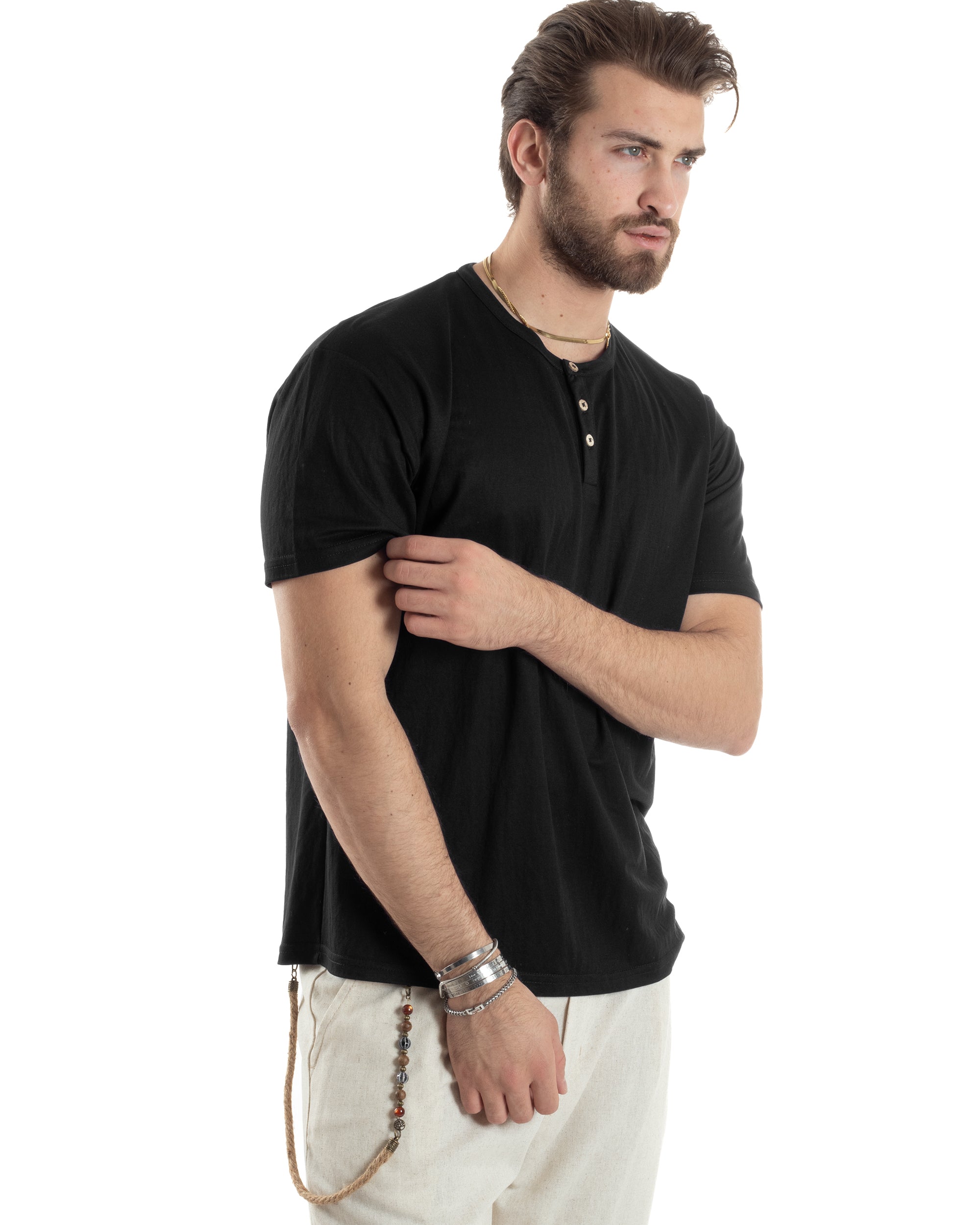 T-shirt Uomo Maniche Corte Viscosa Collo Serafino Maglia Con Bottoni Casual Nero GIOSAL-TS3036A