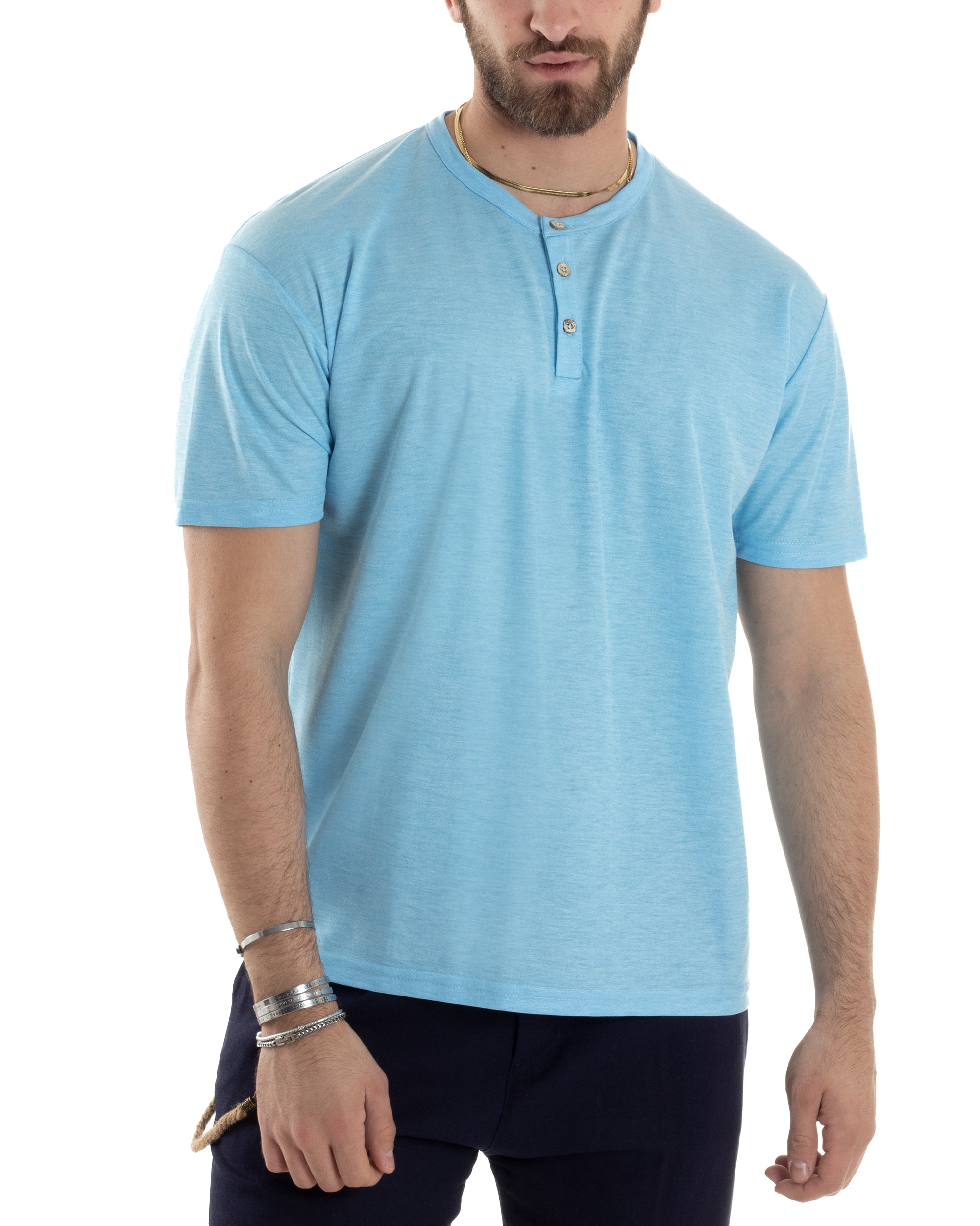 T-shirt Uomo Maniche Corte Viscosa Collo Serafino Maglia Con Bottoni Casual Azzurro GIOSAL-TS3037A