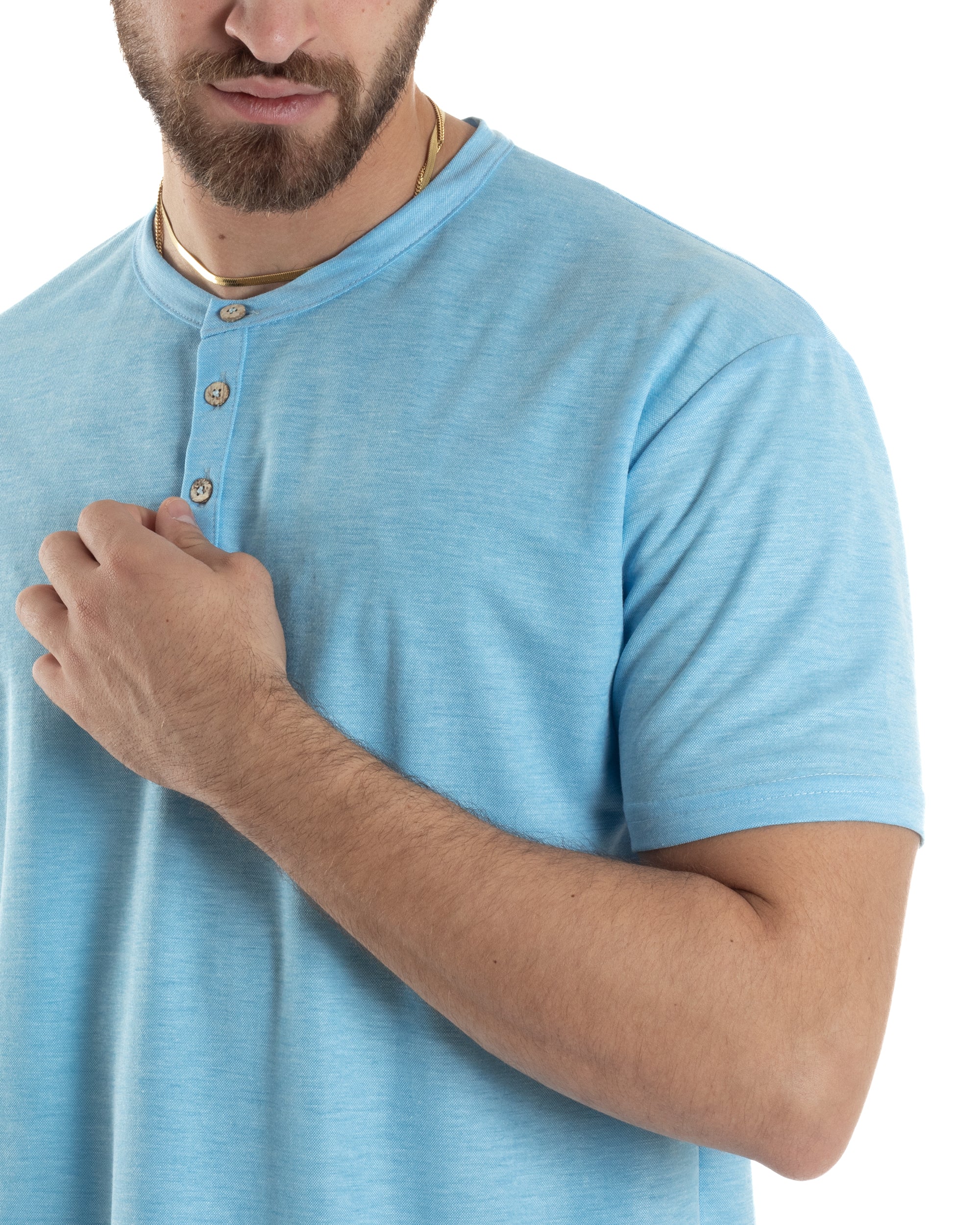 T-shirt Uomo Maniche Corte Viscosa Collo Serafino Maglia Con Bottoni Casual Azzurro GIOSAL-TS3037A