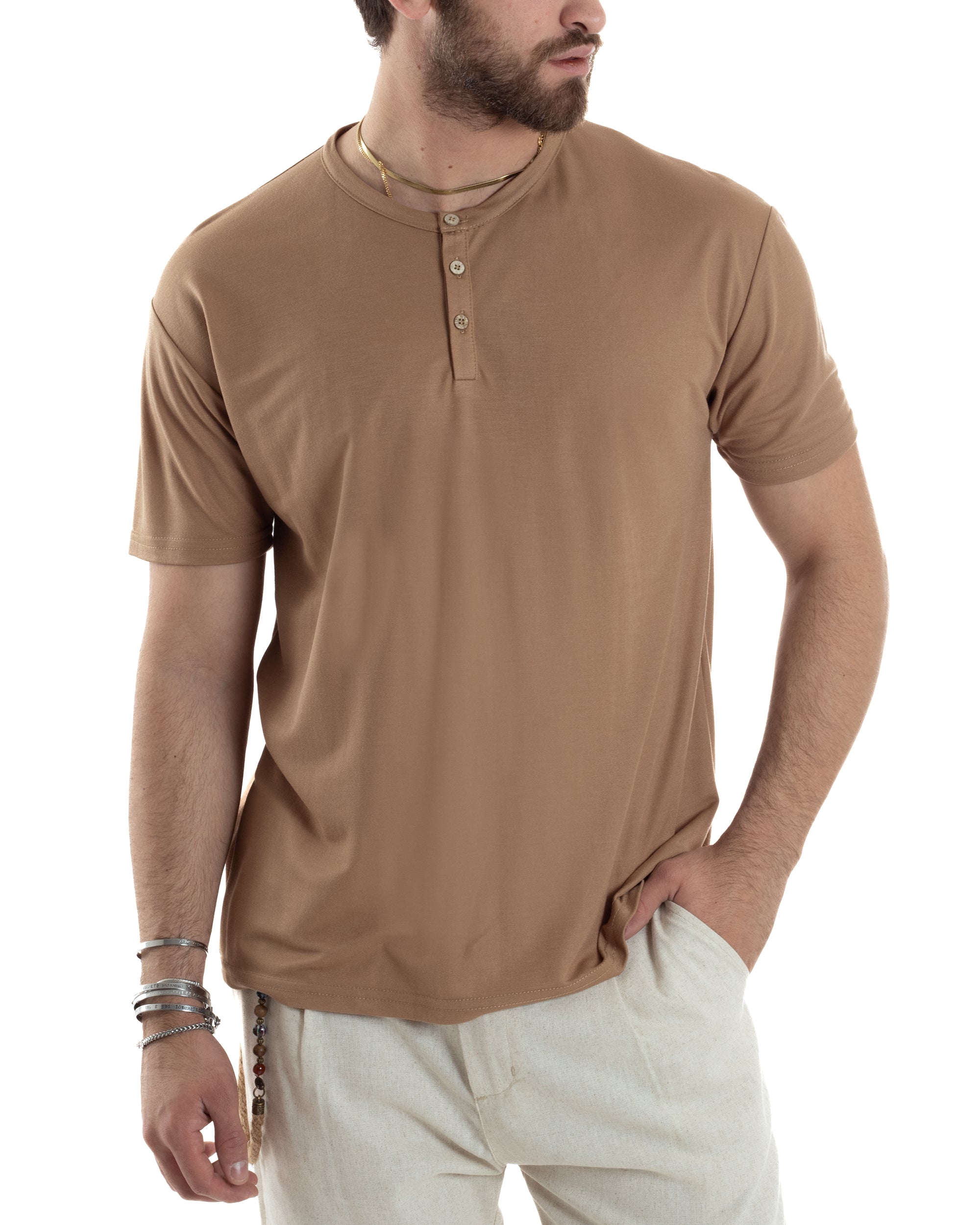 T-shirt Uomo Maniche Corte Viscosa Collo Serafino Maglia Con Bottoni Casual Camel GIOSAL-TS3038A